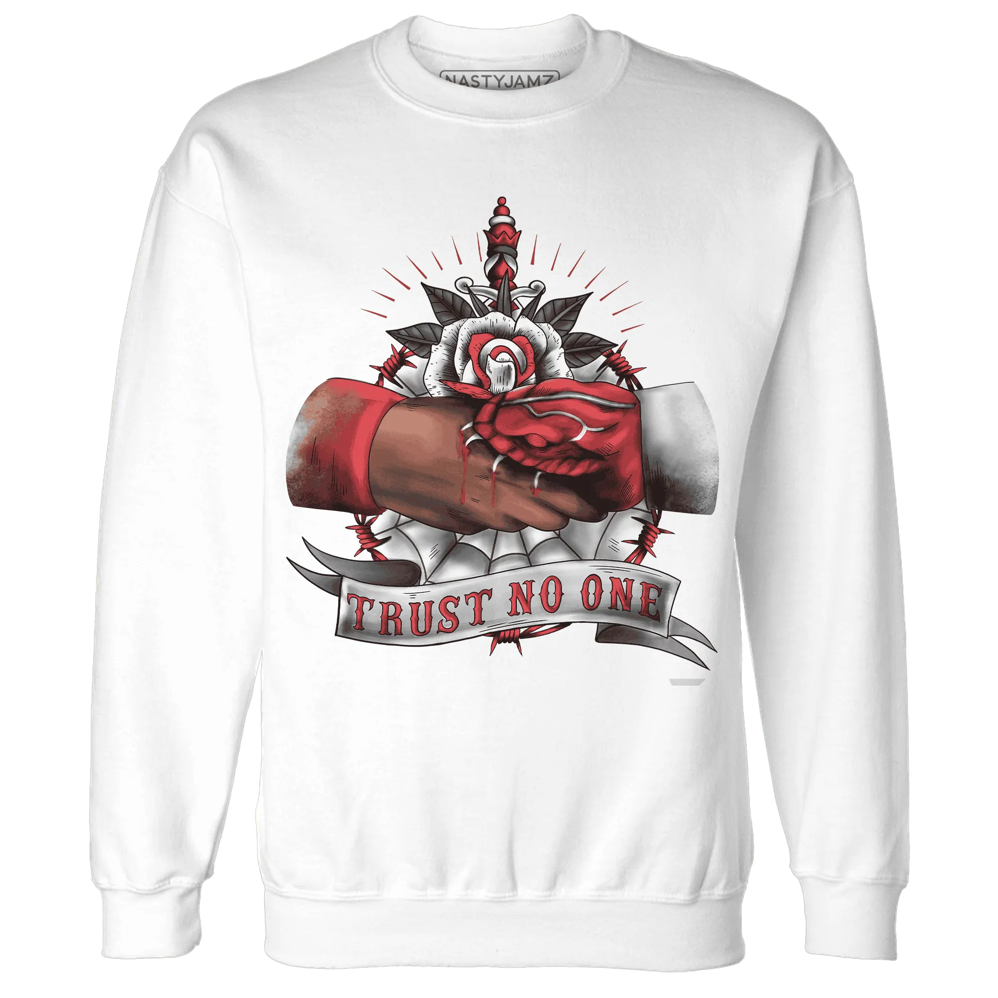 Black-Toe-Reimagined-Red-White-1s-NastyJamz-Sweatshirt-Match-Trust-No-One-Old-School