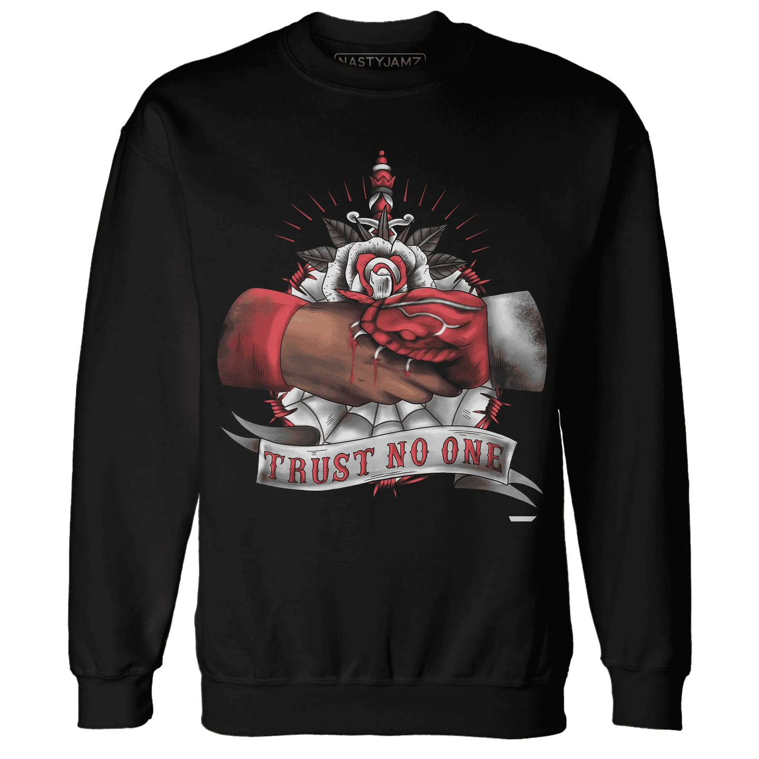 Black-Toe-Reimagined-Red-White-1s-NastyJamz-Sweatshirt-Match-Trust-No-One-Old-School