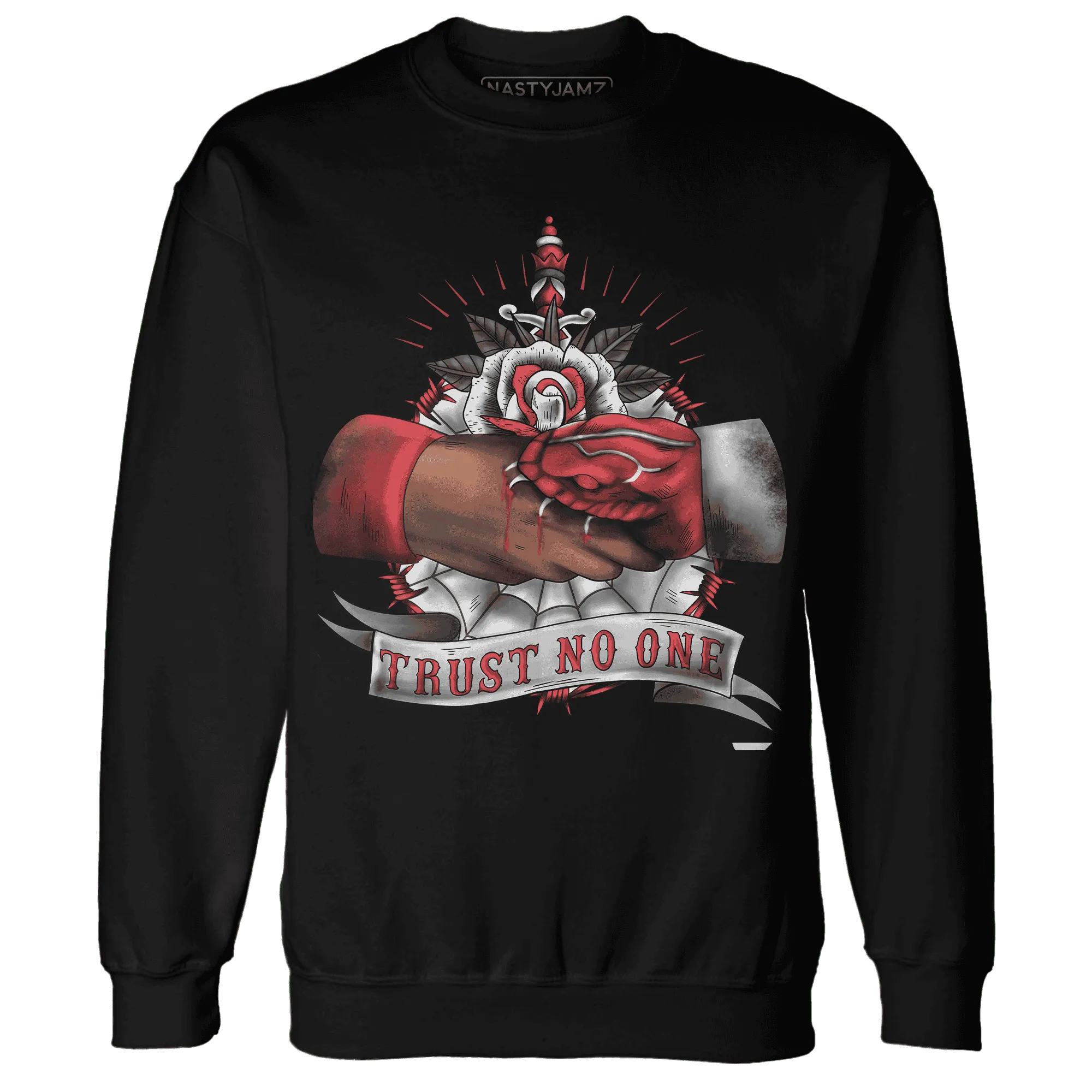 Black-Toe-Reimagined-Red-White-1s-NastyJamz-Sweatshirt-Match-Trust-No-One-Old-School