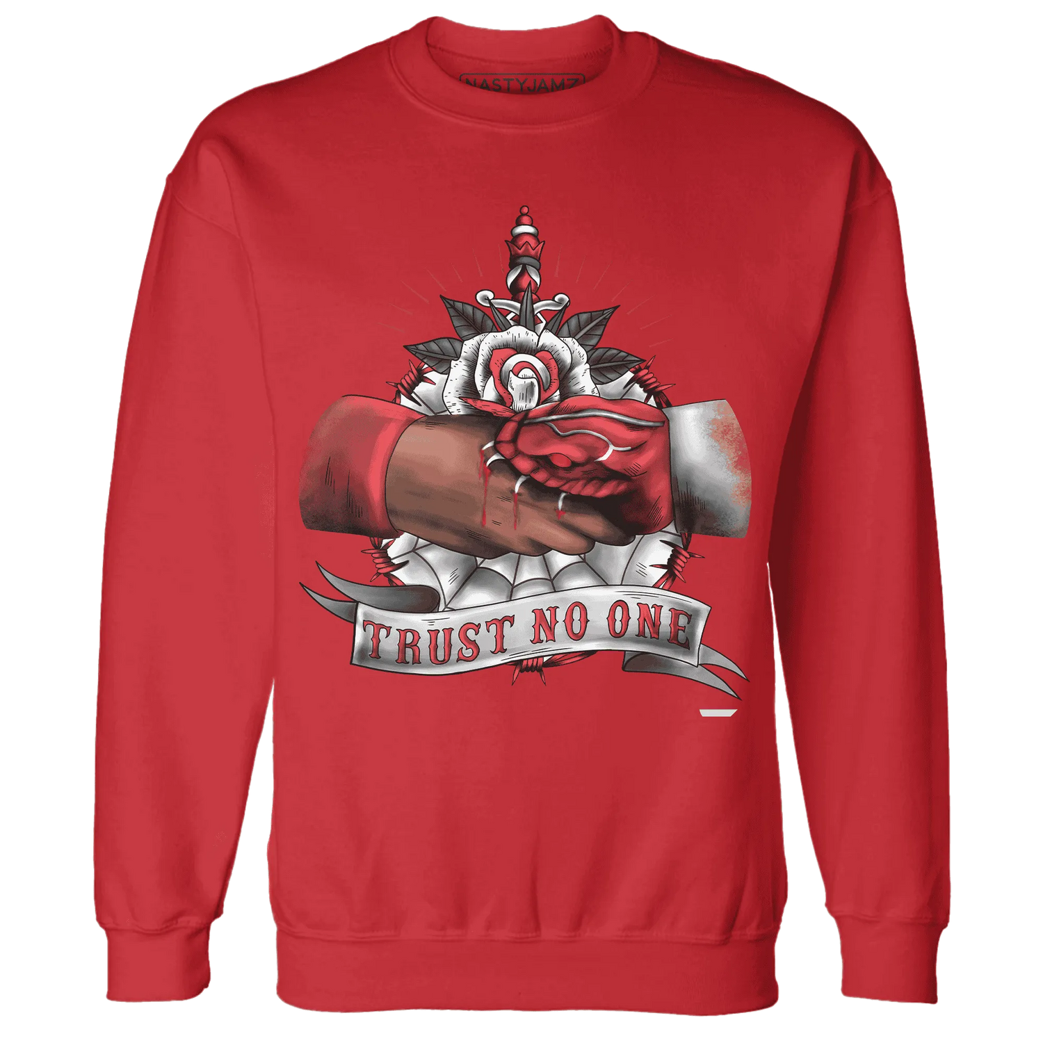 Black-Toe-Reimagined-Red-White-1s-NastyJamz-Sweatshirt-Match-Trust-No-One-Old-School