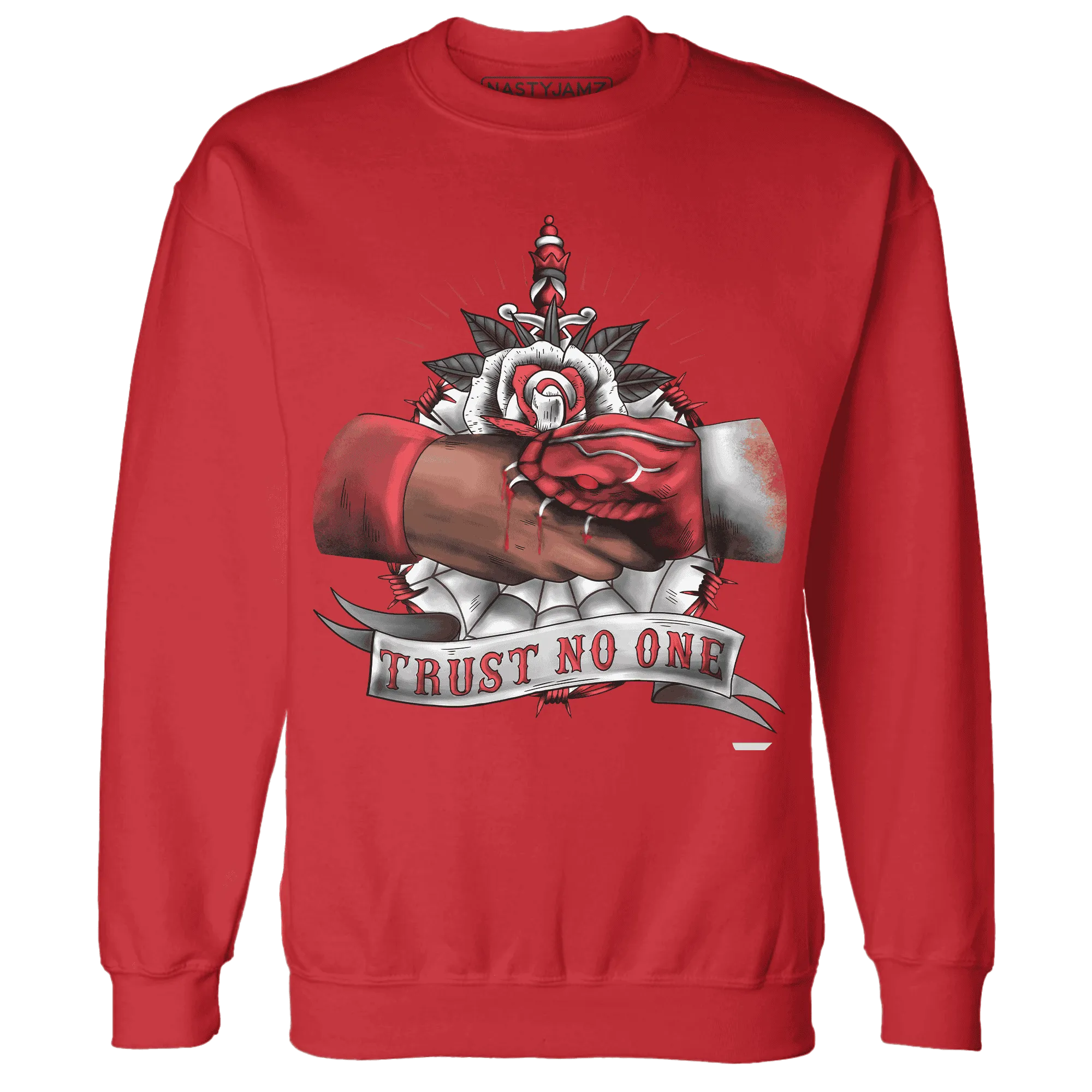 Black-Toe-Reimagined-Red-White-1s-NastyJamz-Sweatshirt-Match-Trust-No-One-Old-School