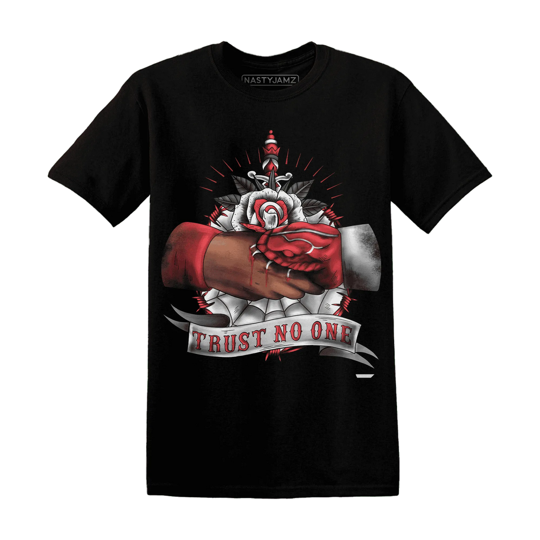 Black-Toe-Reimagined-Red-White-1s-NastyJamz-T-Shirt-Match-Trust-No-One-Old-School