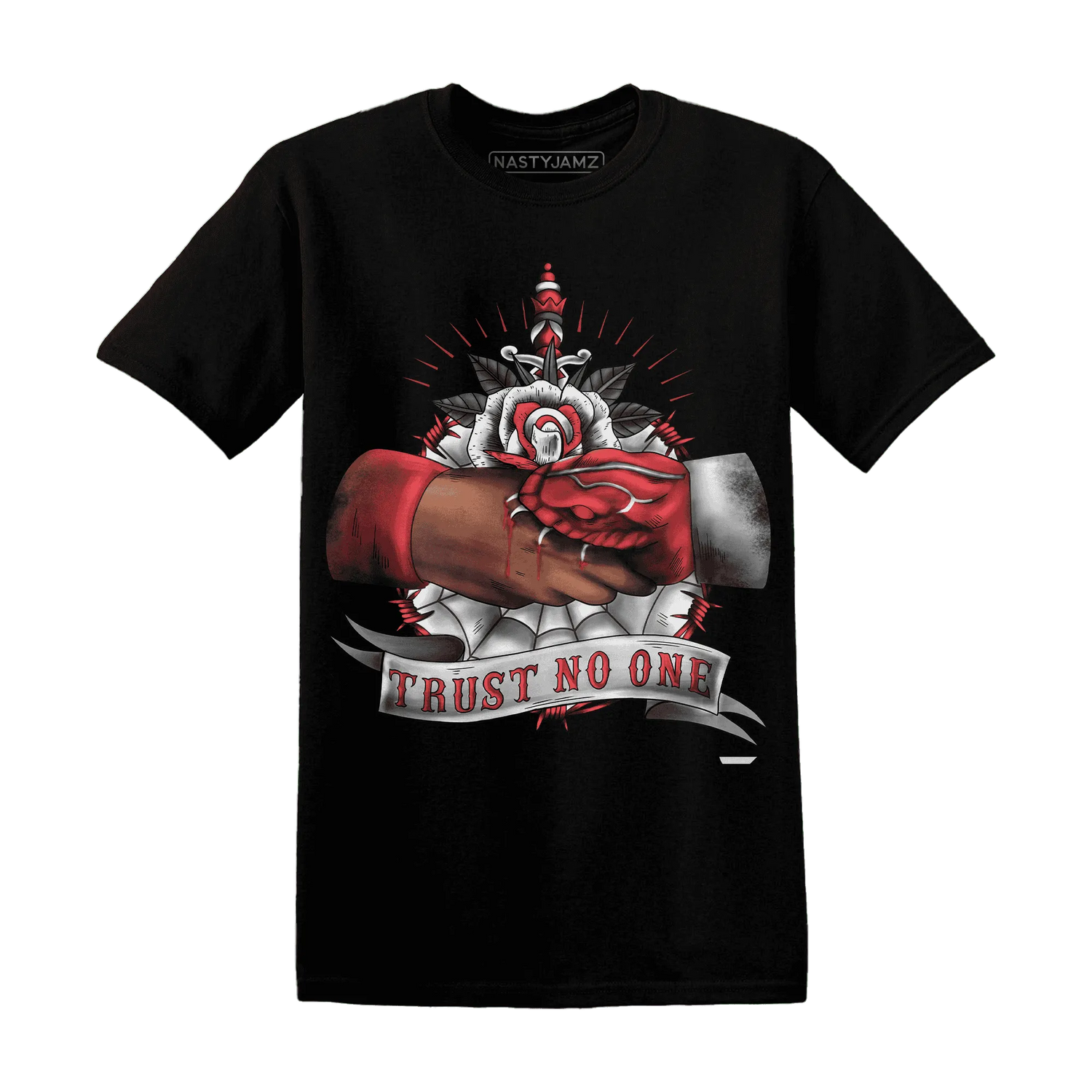 Black-Toe-Reimagined-Red-White-1s-NastyJamz-T-Shirt-Match-Trust-No-One-Old-School
