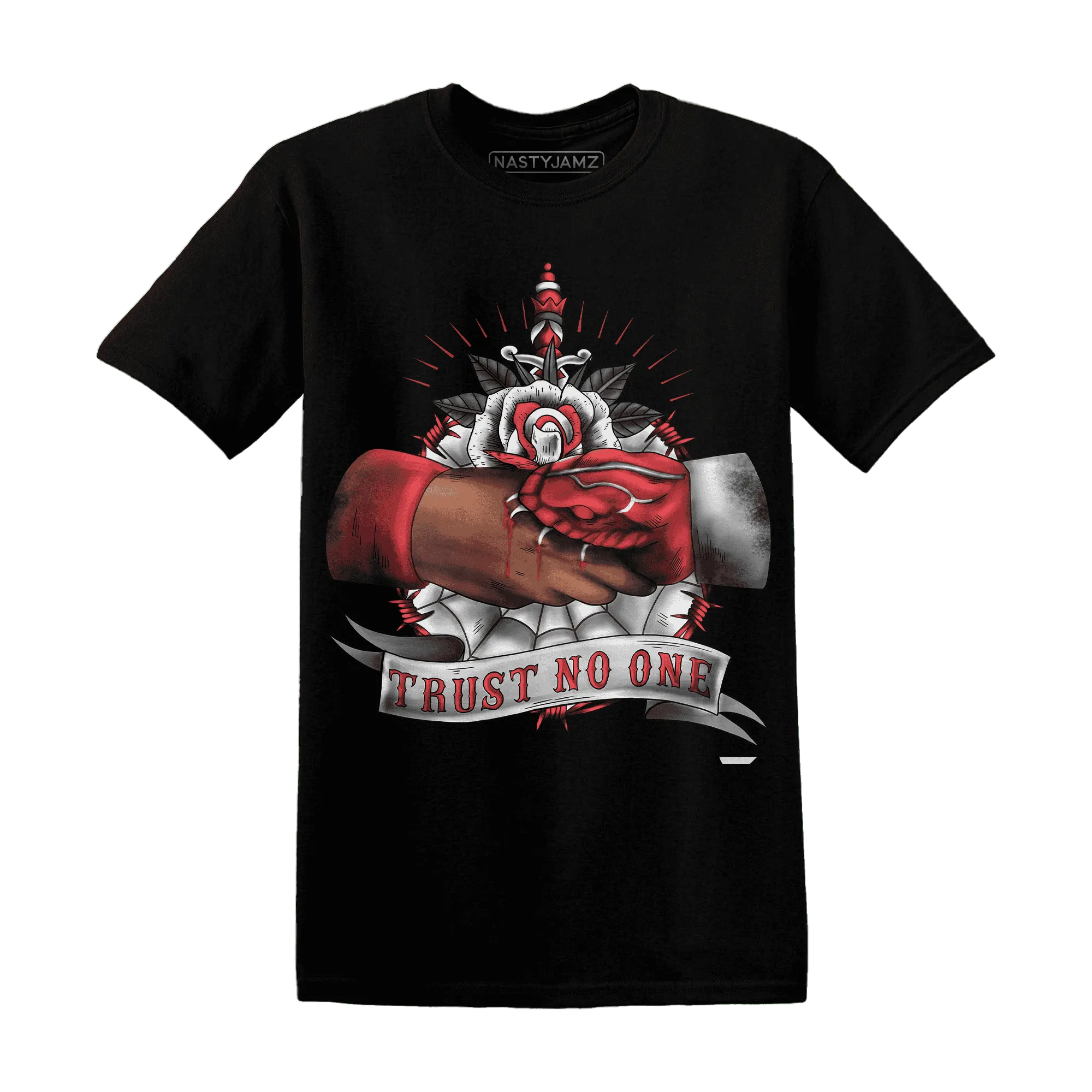 Black-Toe-Reimagined-Red-White-1s-NastyJamz-T-Shirt-Match-Trust-No-One-Old-School