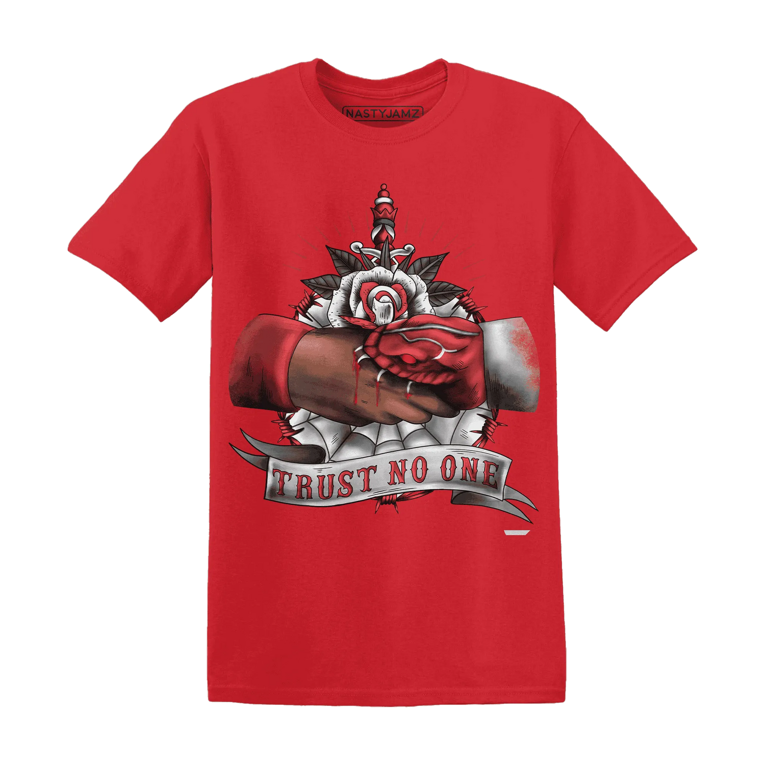 Black-Toe-Reimagined-Red-White-1s-NastyJamz-T-Shirt-Match-Trust-No-One-Old-School