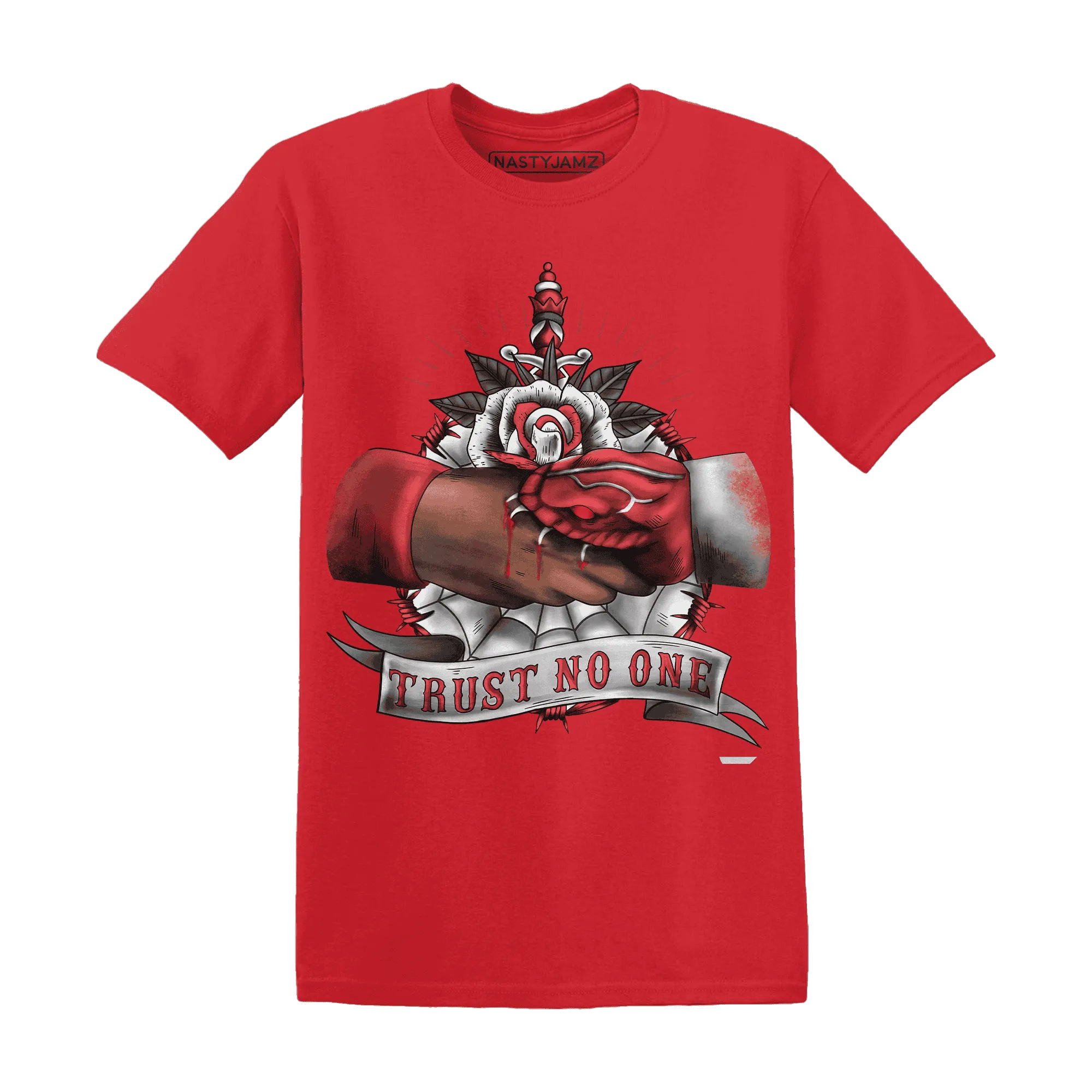 Black-Toe-Reimagined-Red-White-1s-NastyJamz-T-Shirt-Match-Trust-No-One-Old-School