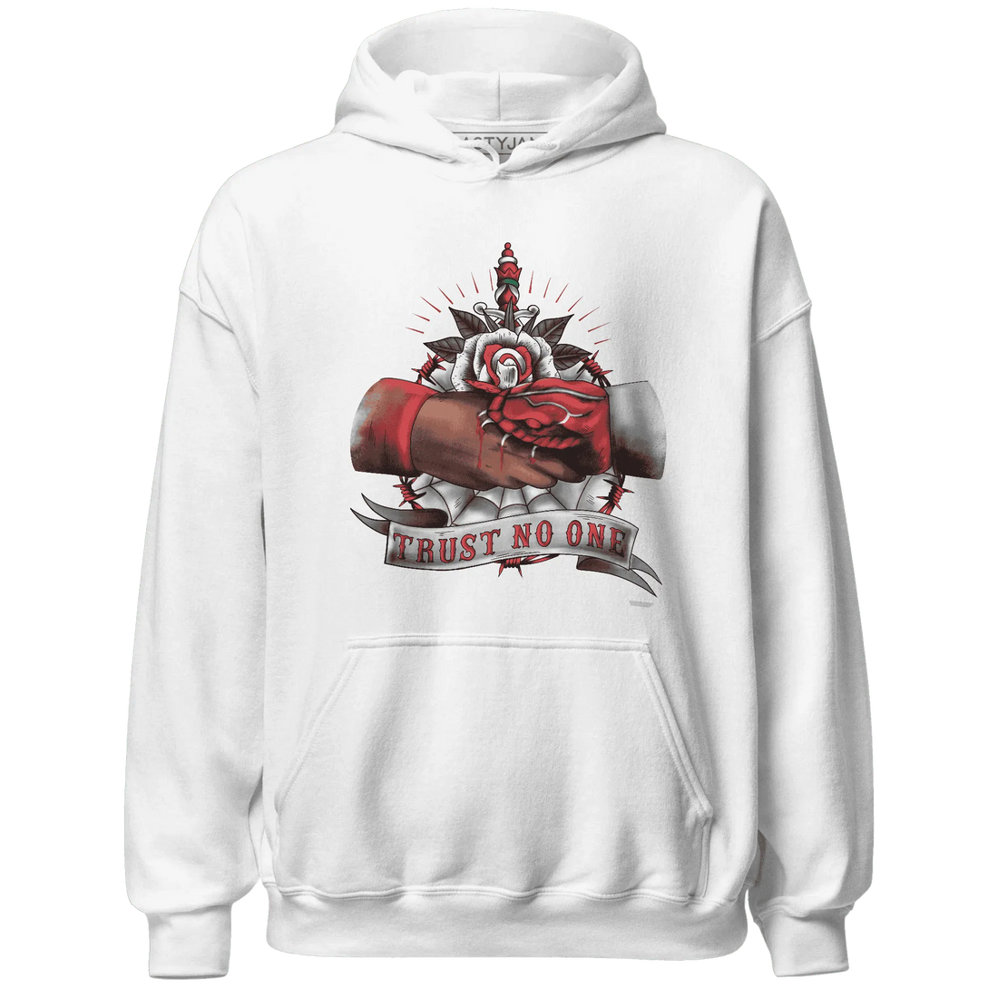 Black-Toe-Reimagined-Red-White-1s-NastyJamz-Hoodie-Match-Trust-No-One-Old-School