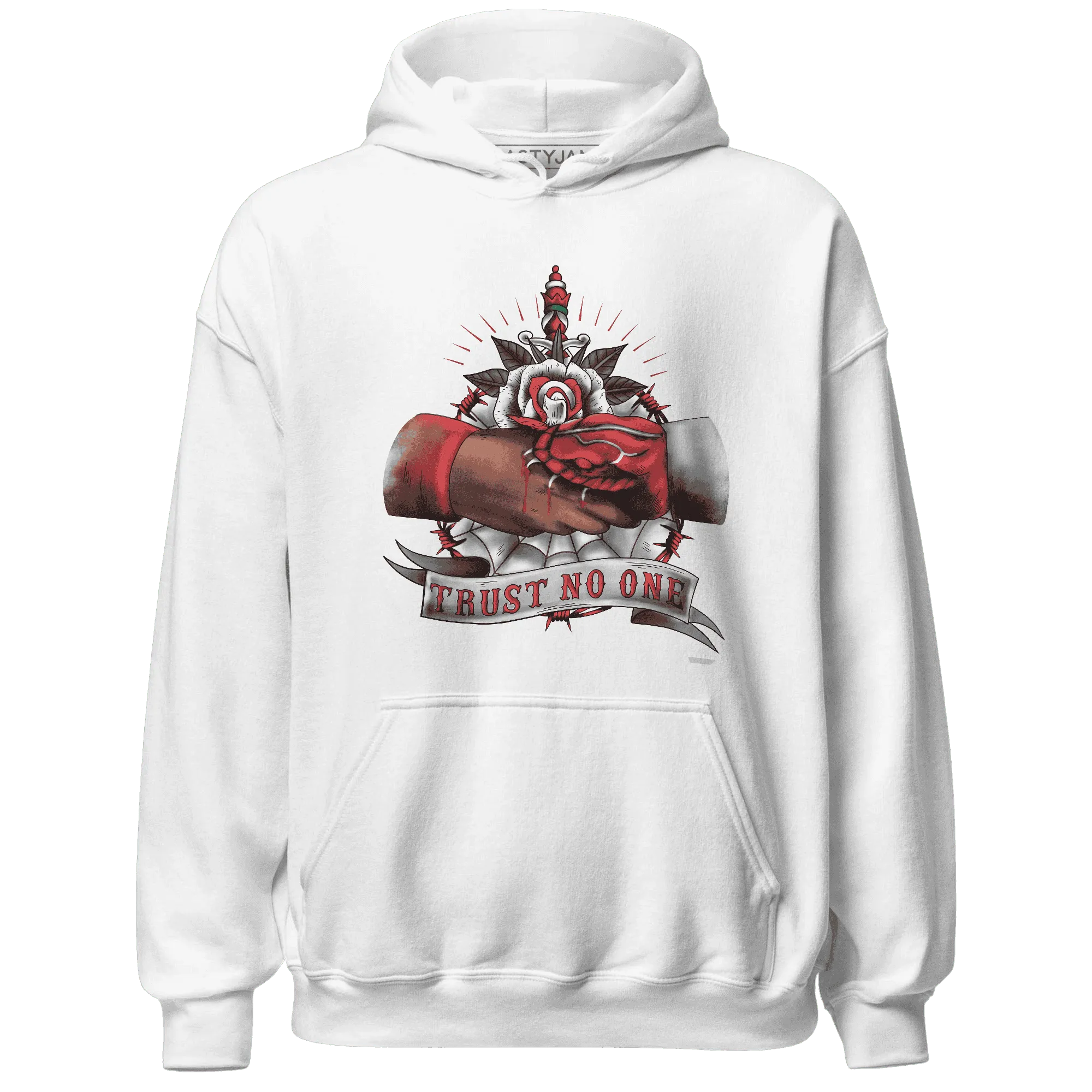 Black-Toe-Reimagined-Red-White-1s-NastyJamz-Hoodie-Match-Trust-No-One-Old-School