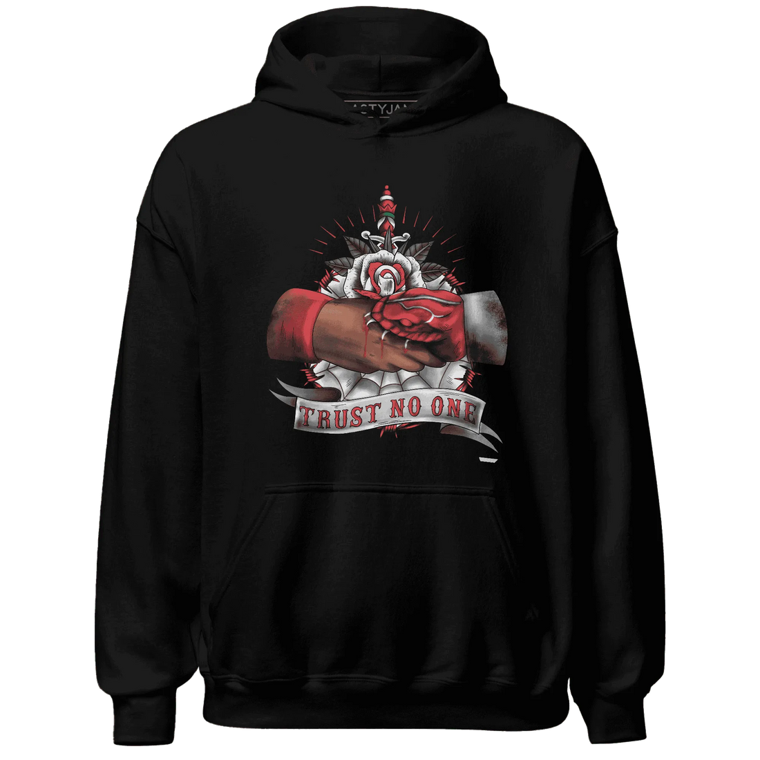 Black-Toe-Reimagined-Red-White-1s-NastyJamz-Hoodie-Match-Trust-No-One-Old-School