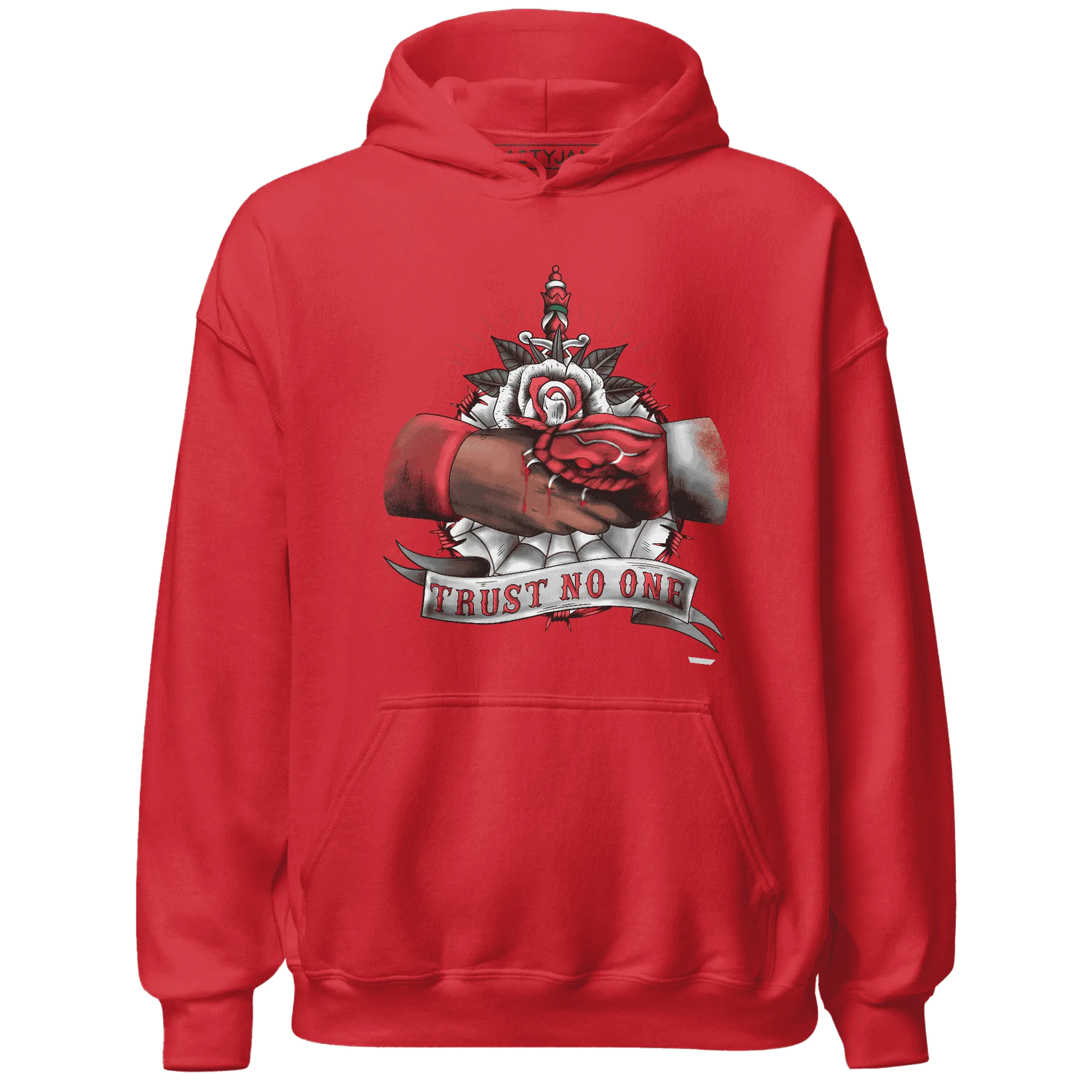 Black-Toe-Reimagined-Red-White-1s-NastyJamz-Hoodie-Match-Trust-No-One-Old-School