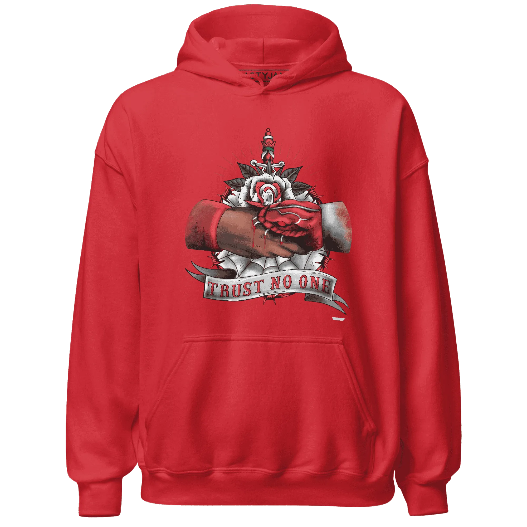 Black-Toe-Reimagined-Red-White-1s-NastyJamz-Hoodie-Match-Trust-No-One-Old-School