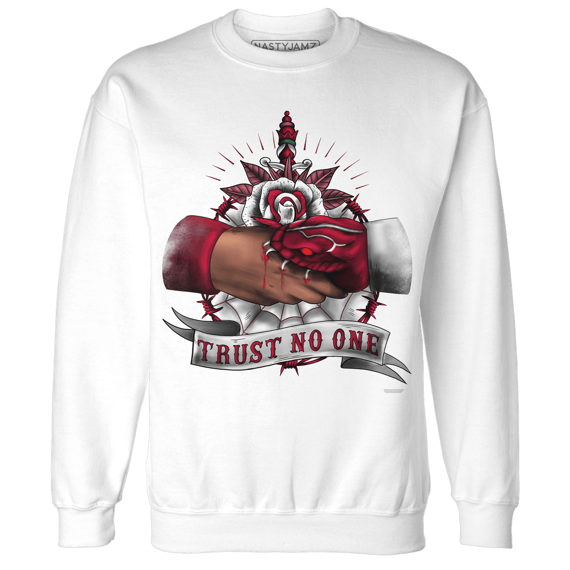 High White Team Red 1s Sweatshirt Match Trust No One Old School - NastyJamz