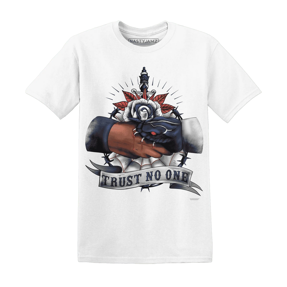 White-Navy-6s-T-Shirt-Match-Trust-No-One-Old-School