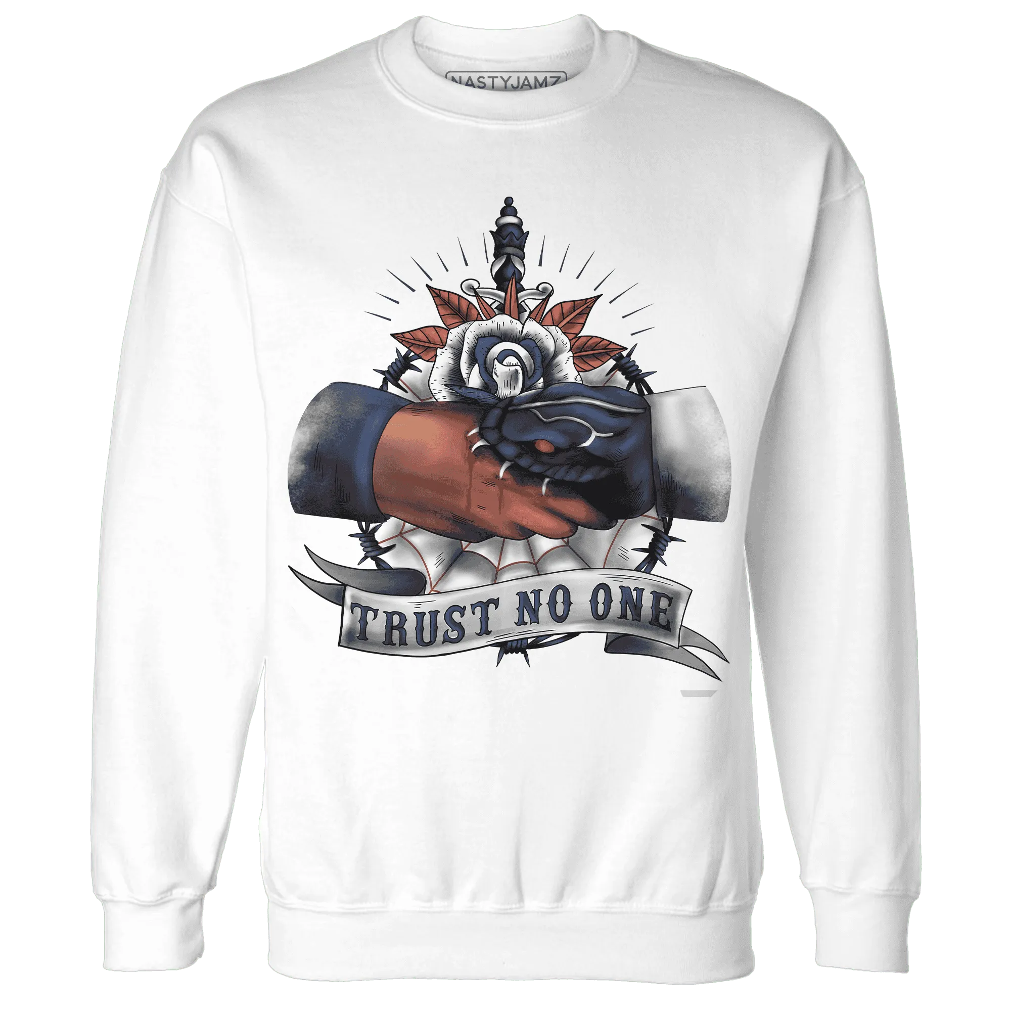 White-Navy-6s-Sweatshirt-Match-Trust-No-One-Old-School