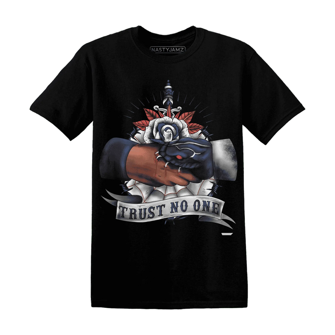 White-Navy-6s-T-Shirt-Match-Trust-No-One-Old-School