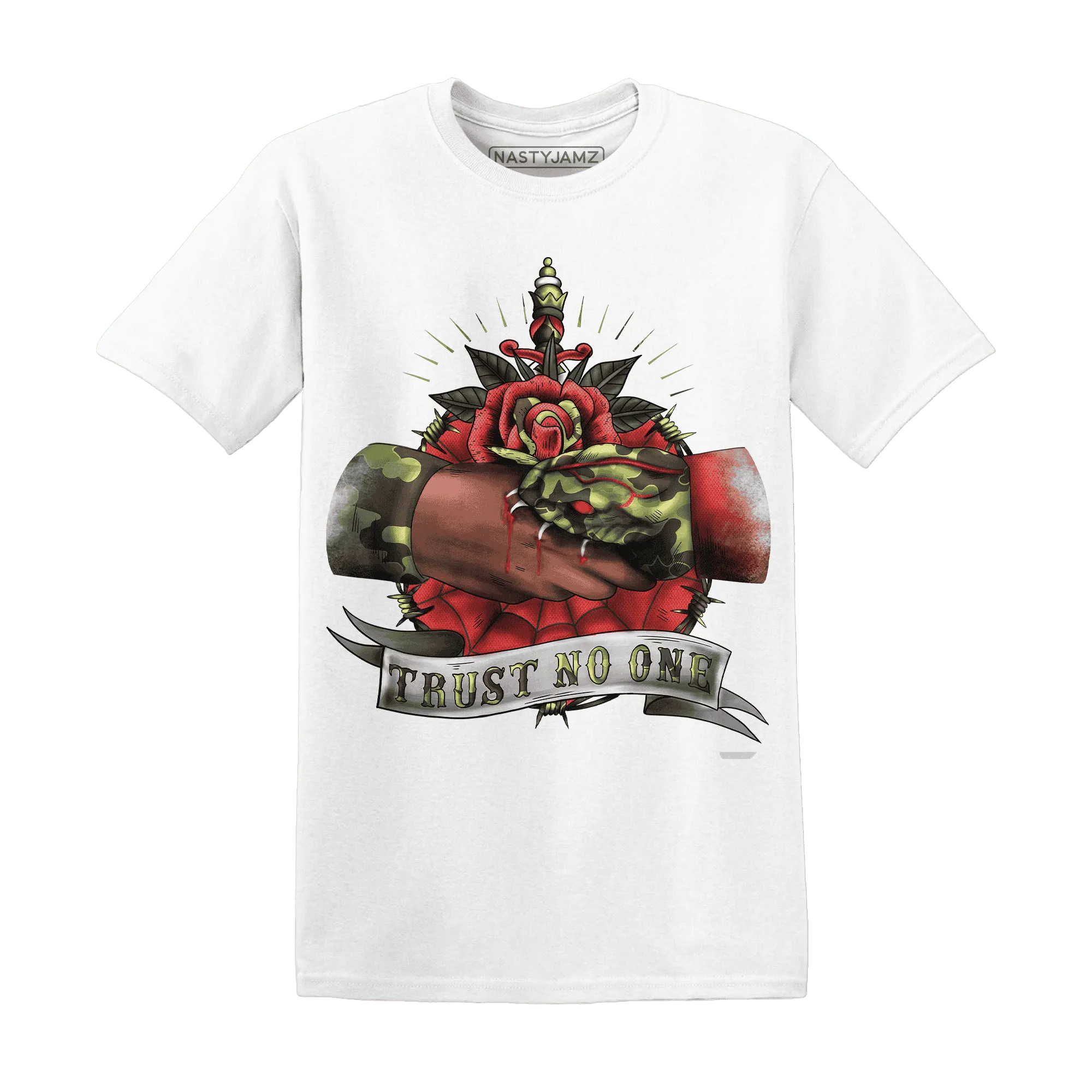 AM-90-Dark-Sage-Solar-Red-NastyJamz-T-Shirt-Match-Trust-No-One-Old-School