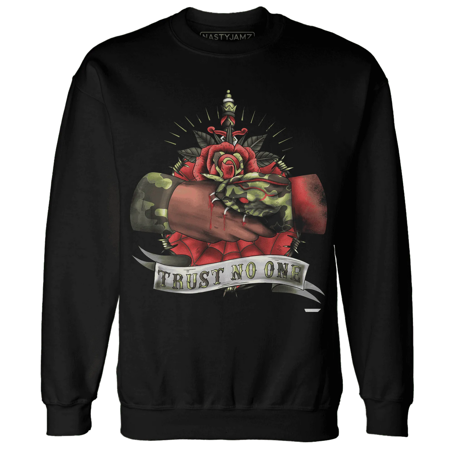 AM-90-Dark-Sage-Solar-Red-NastyJamz-Sweatshirt-Match-Trust-No-One-Old-School
