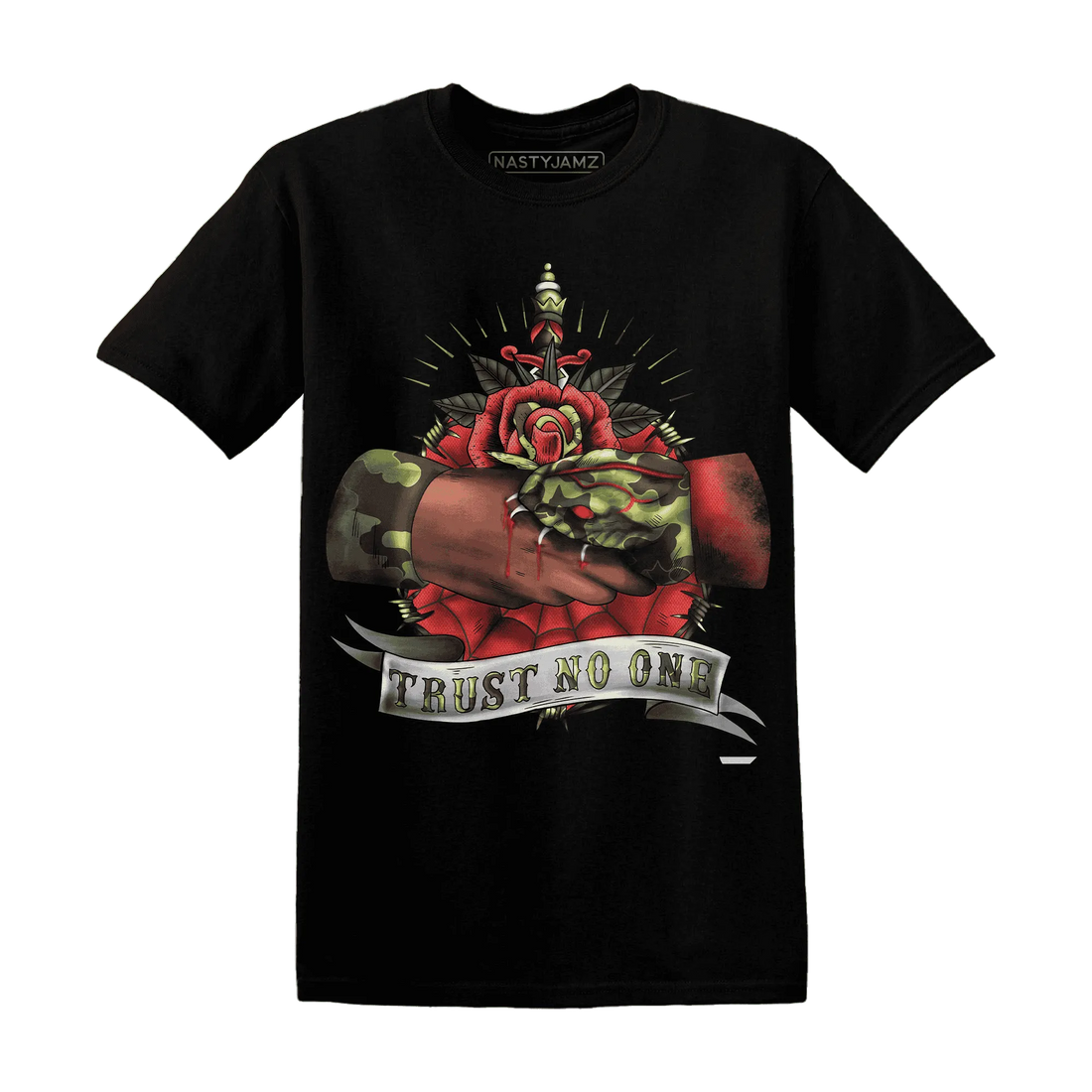 AM-90-Dark-Sage-Solar-Red-NastyJamz-T-Shirt-Match-Trust-No-One-Old-School