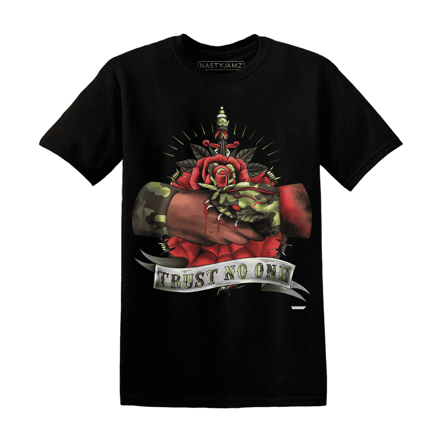 AM-90-Dark-Sage-Solar-Red-NastyJamz-T-Shirt-Match-Trust-No-One-Old-School