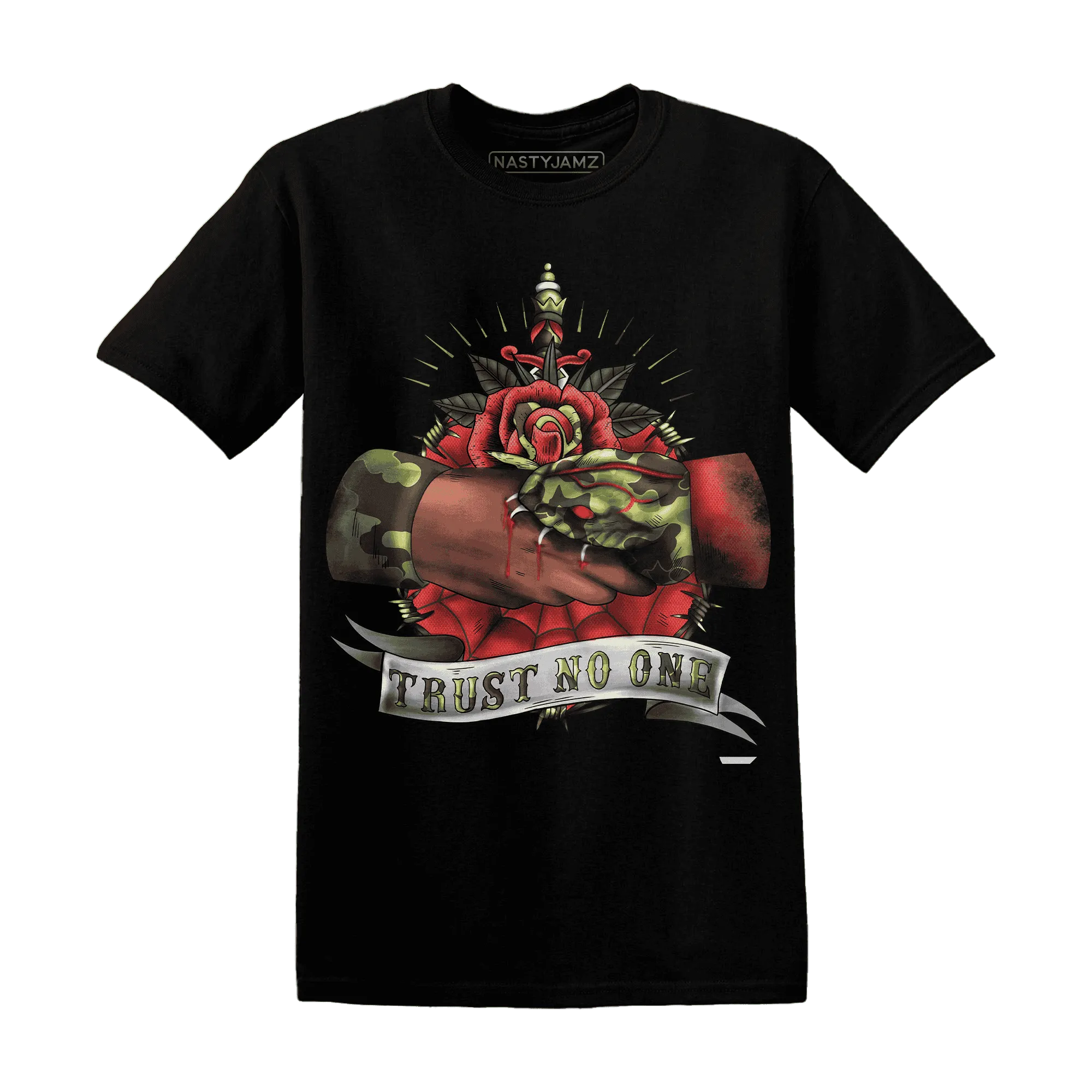 AM-90-Dark-Sage-Solar-Red-NastyJamz-T-Shirt-Match-Trust-No-One-Old-School