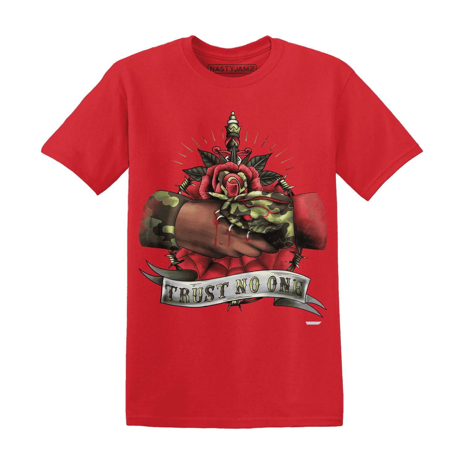 AM-90-Dark-Sage-Solar-Red-NastyJamz-T-Shirt-Match-Trust-No-One-Old-School