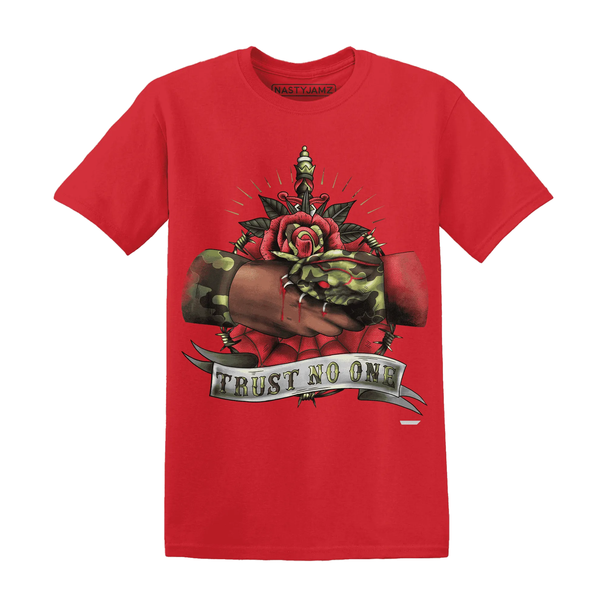 AM-90-Dark-Sage-Solar-Red-NastyJamz-T-Shirt-Match-Trust-No-One-Old-School