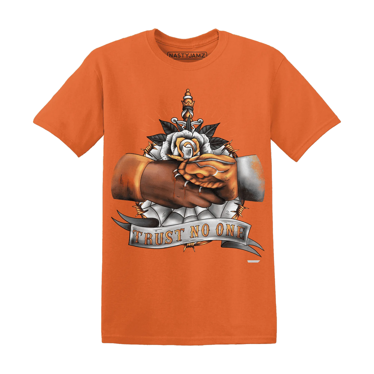 NastyJamz-AM-TW-White-Orange-T-Shirt-Match-Trust-No-One-Old-School