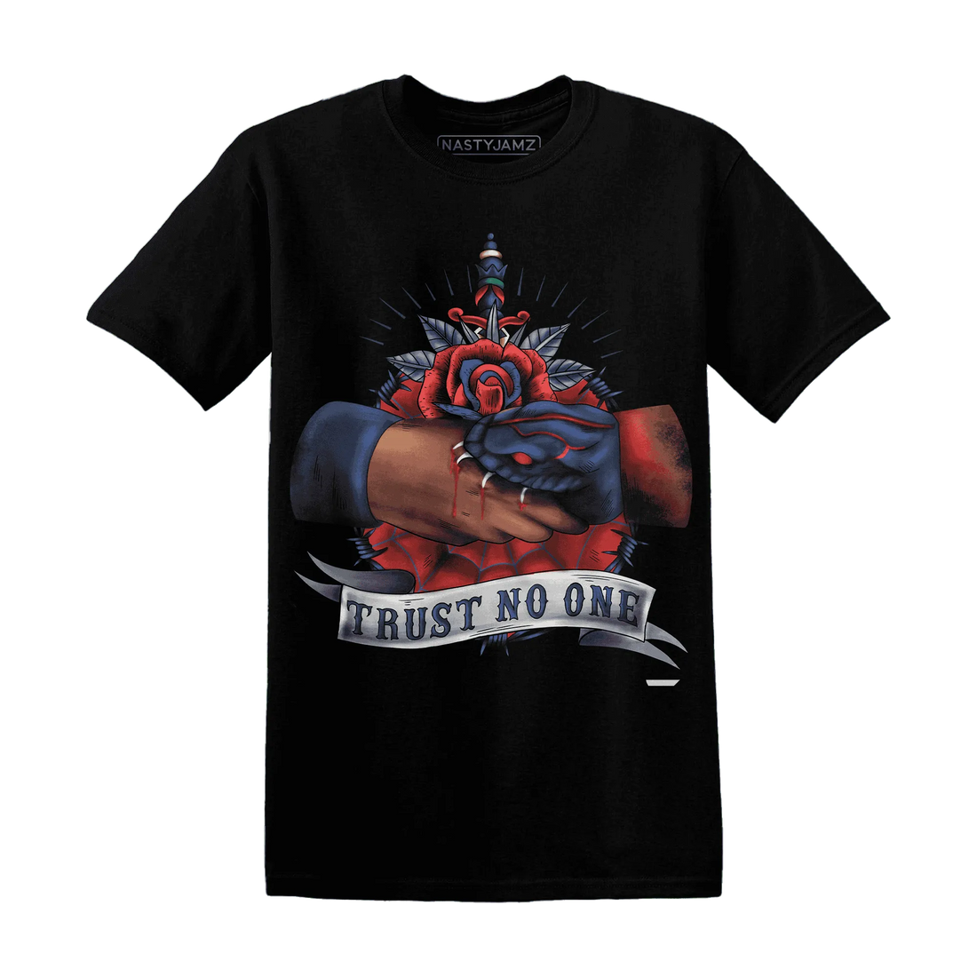 VaporMax-Air-Plus-Midnight-Navy-Gold-Black-NastyJamz-T-Shirt-Match-Trust-No-One-Old-School