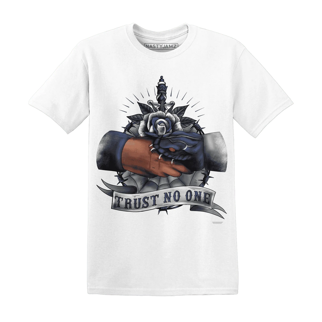 VaporMax-Plus-Midnight-Navy-White-Metallic-Silver-NastyJamz-T-Shirt-Match-Trust-No-One-Old-School