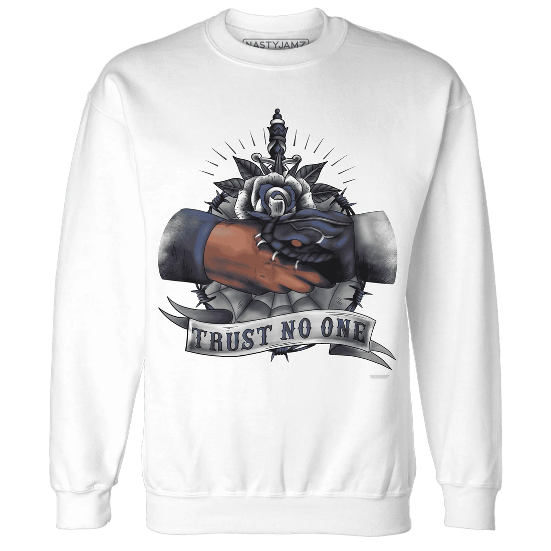 VaporMax-Plus-Midnight-Navy-White-Metallic-Silver-NastyJamz-Sweatshirt-Match-Trust-No-One-Old-School
