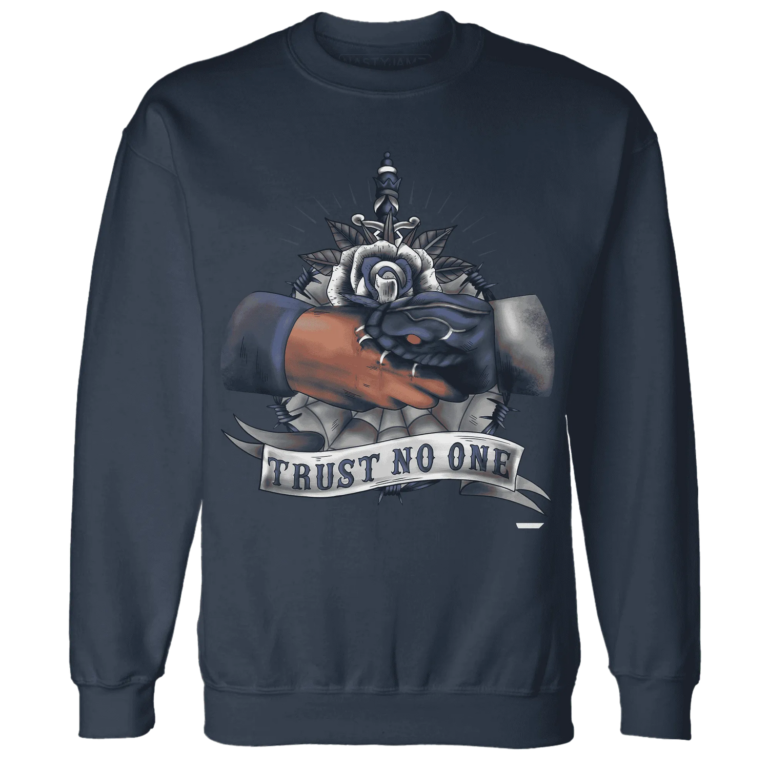 VaporMax-Plus-Midnight-Navy-White-Metallic-Silver-NastyJamz-Sweatshirt-Match-Trust-No-One-Old-School