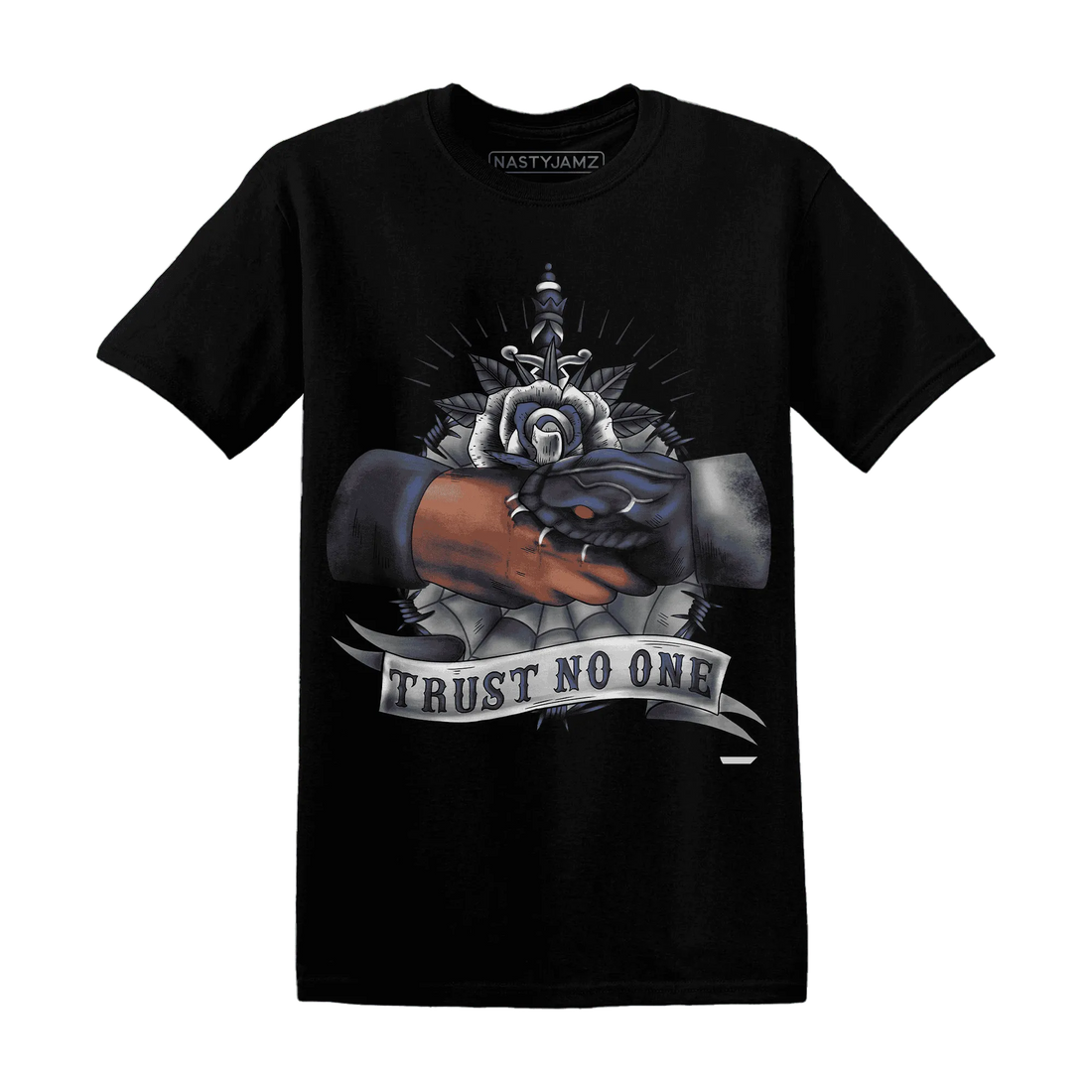 VaporMax-Plus-Midnight-Navy-White-Metallic-Silver-NastyJamz-T-Shirt-Match-Trust-No-One-Old-School