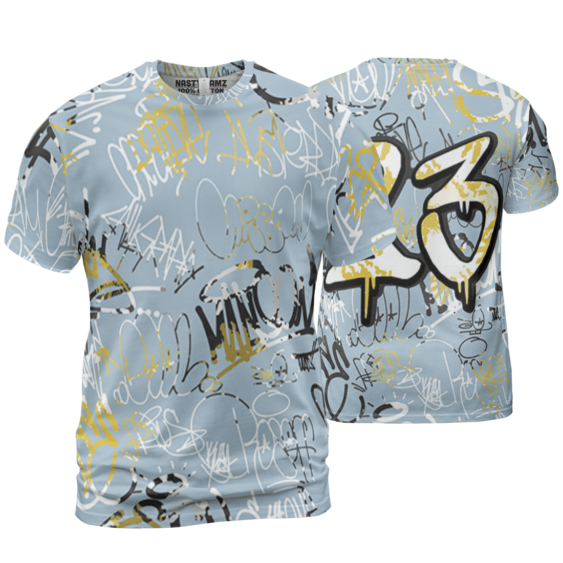 Blue Grey 13s T Shirt Match 23 Hiphop 3D All-Over Print Graffiti Pattern - NastyJamz