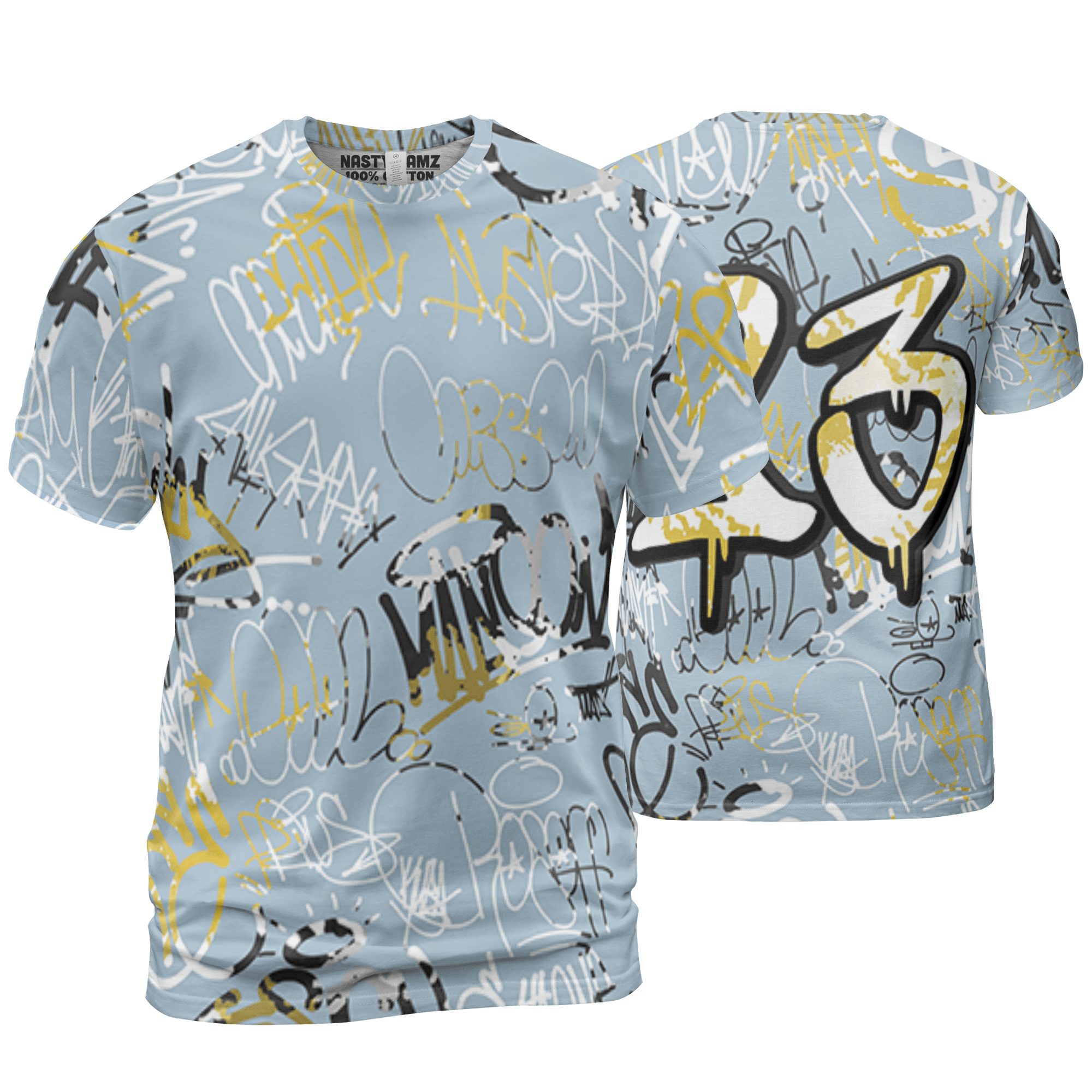 Blue Grey 13s T Shirt Match 23 Hiphop 3D All-Over Print Graffiti Pattern - NastyJamz