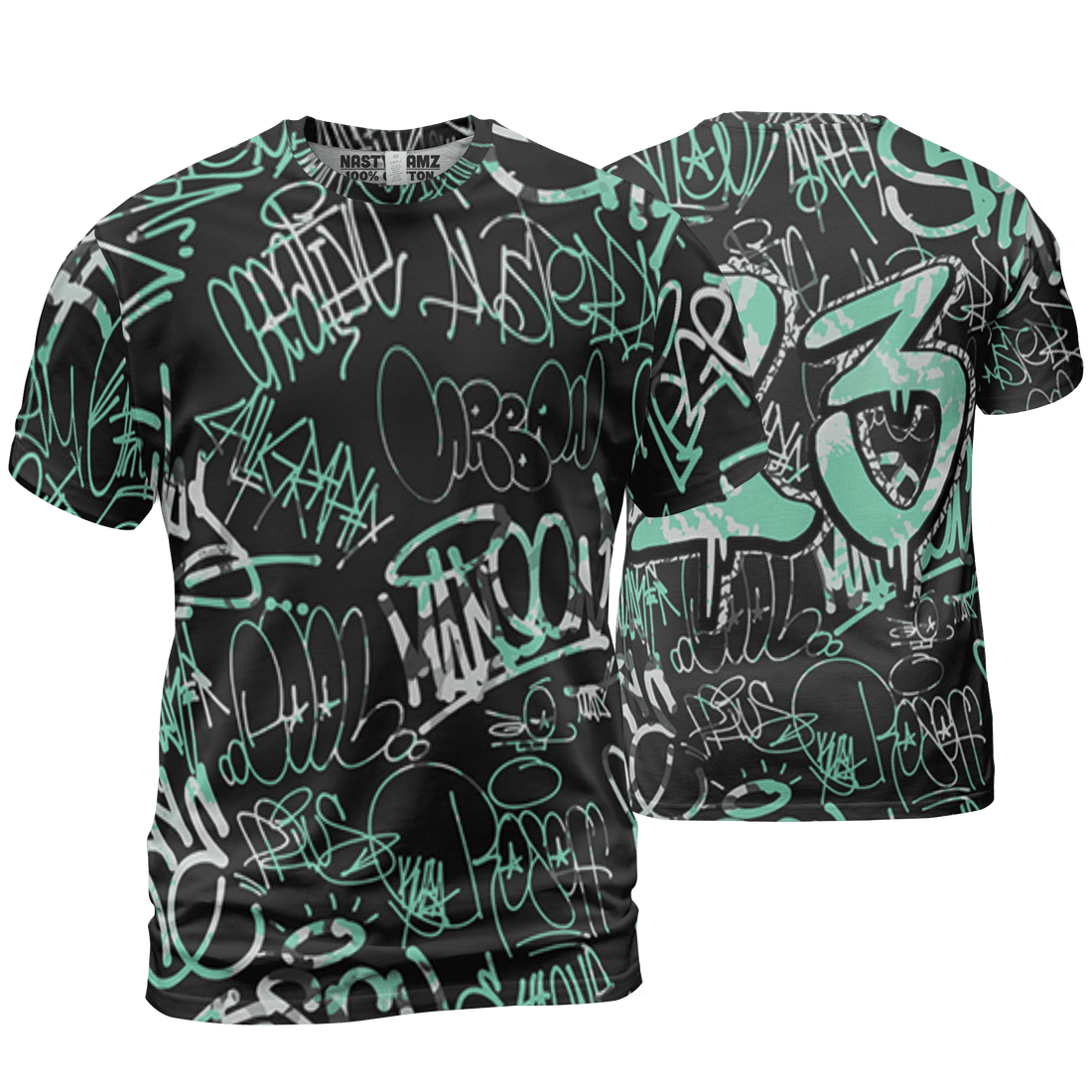 Green Glow 3s T Shirt Match 23 Hiphop 3D All-Over Print Graffiti Pattern - NastyJamz