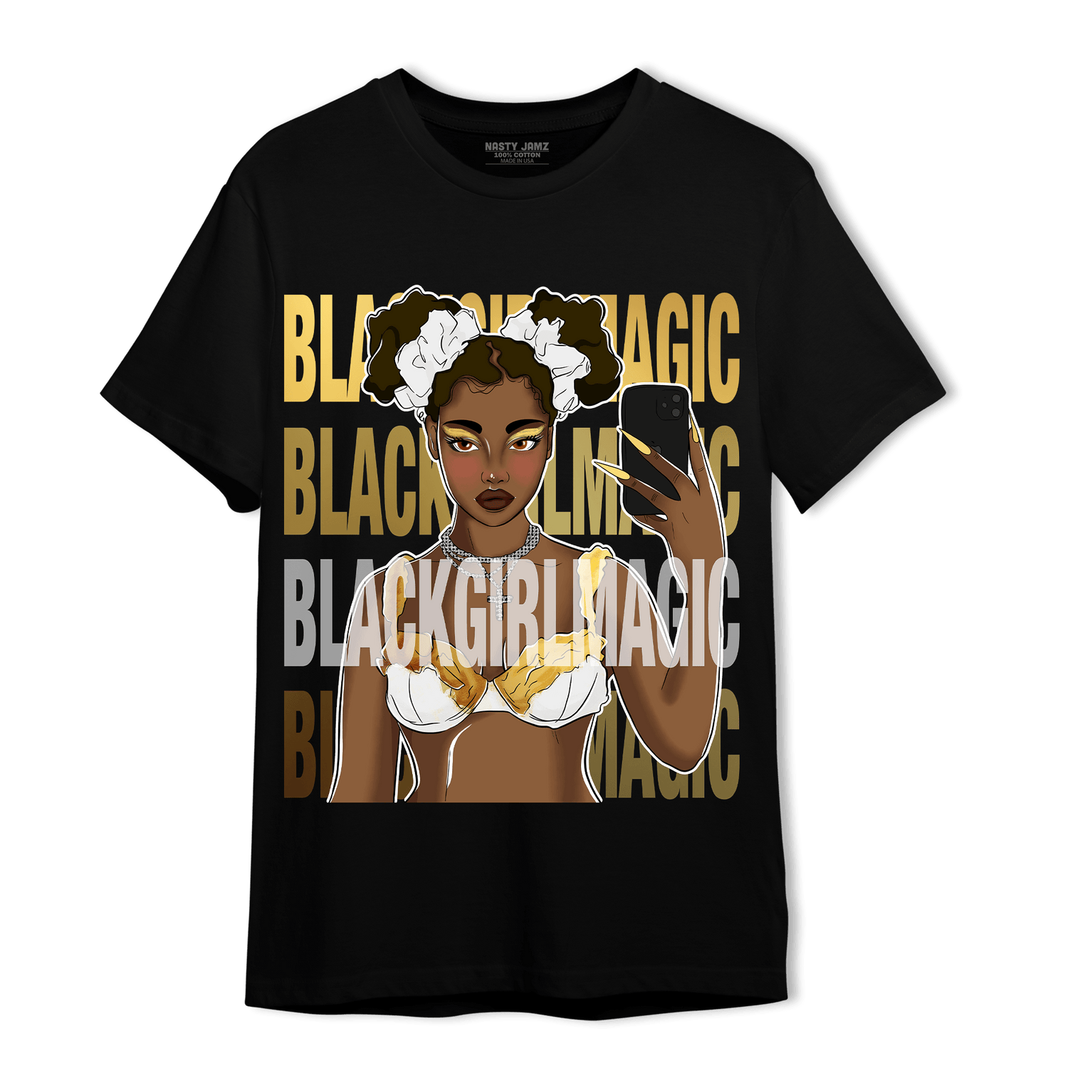 Mid SE Black Gold 1s T Shirt Match Black Magic Girl Selfie - NastyJamz