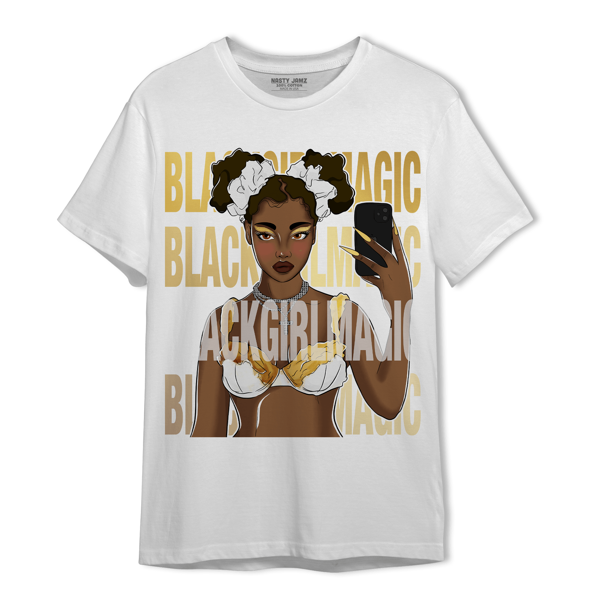 Mid SE Black Gold 1s T Shirt Match Black Magic Girl Selfie - NastyJamz