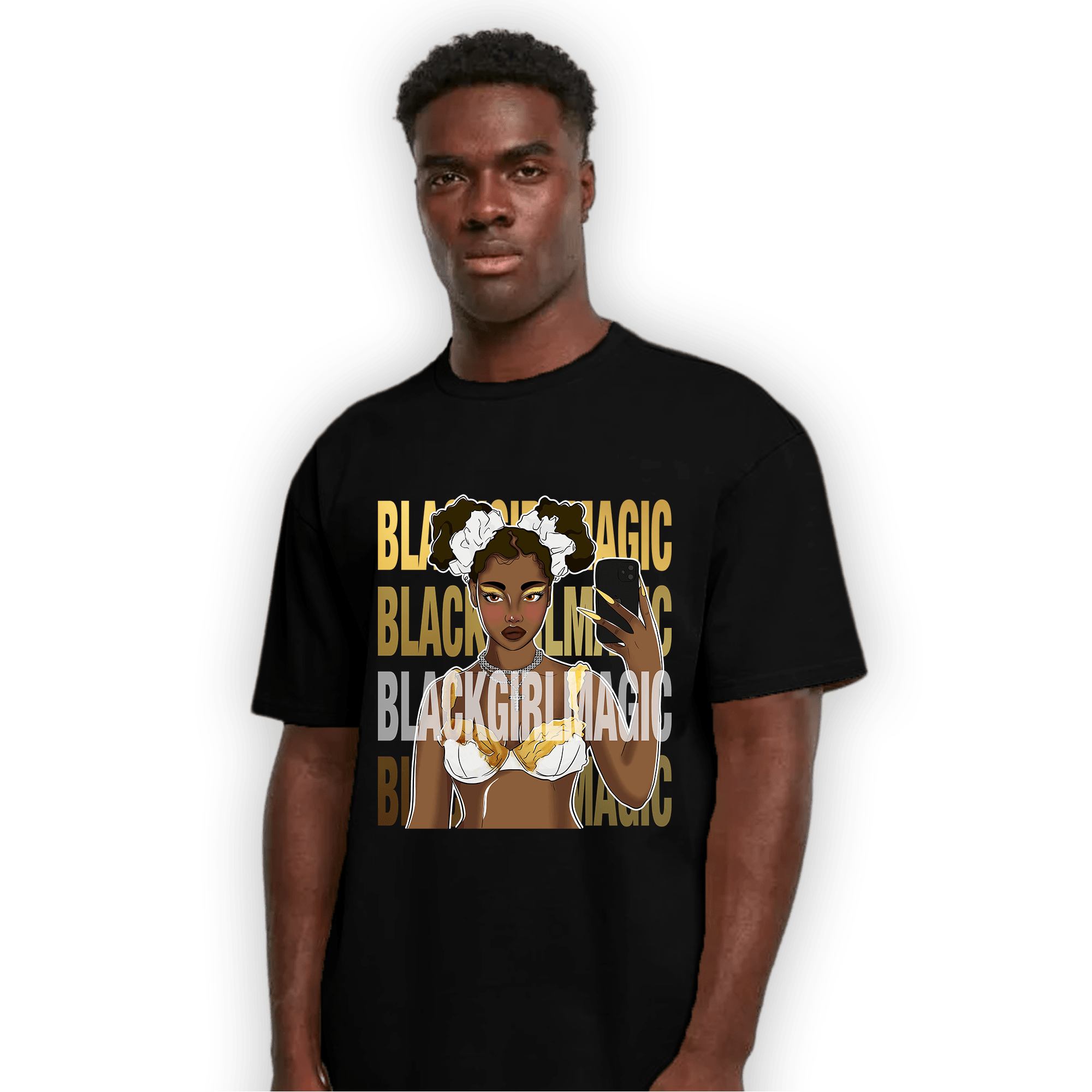 Mid SE Black Gold 1s T Shirt Match Black Magic Girl Selfie - NastyJamz