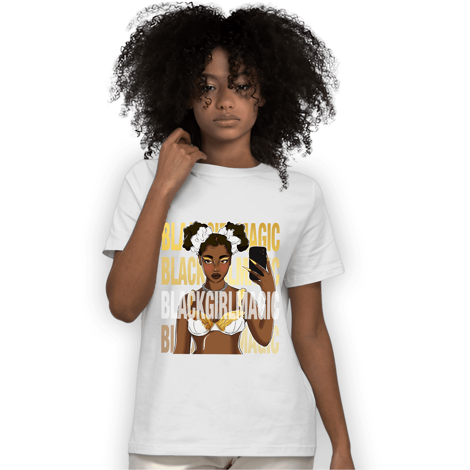 Mid SE Black Gold 1s T Shirt Match Black Magic Girl Selfie - NastyJamz