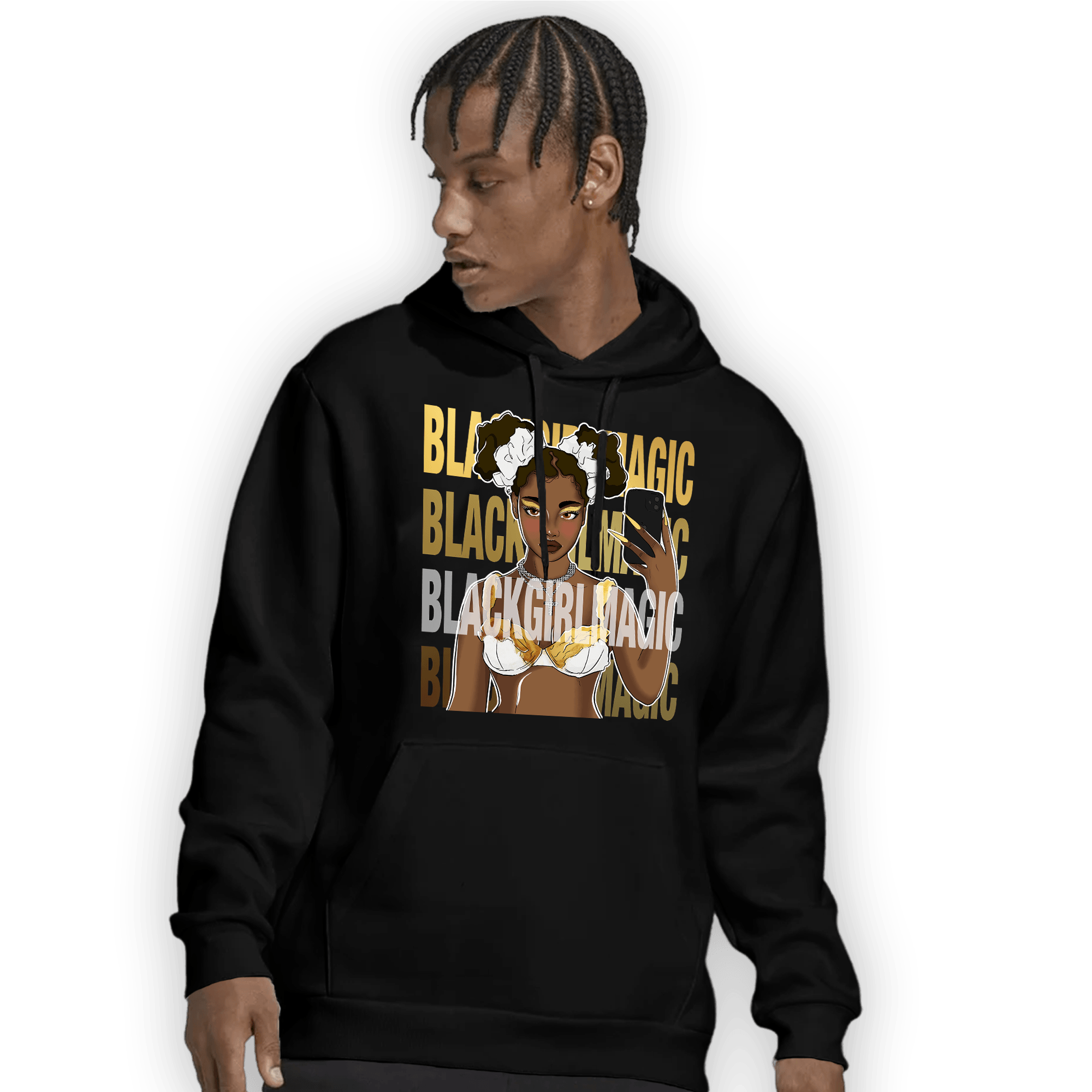 Mid SE Black Gold 1s Hoodie Match Black Magic Girl Selfie - NastyJamz