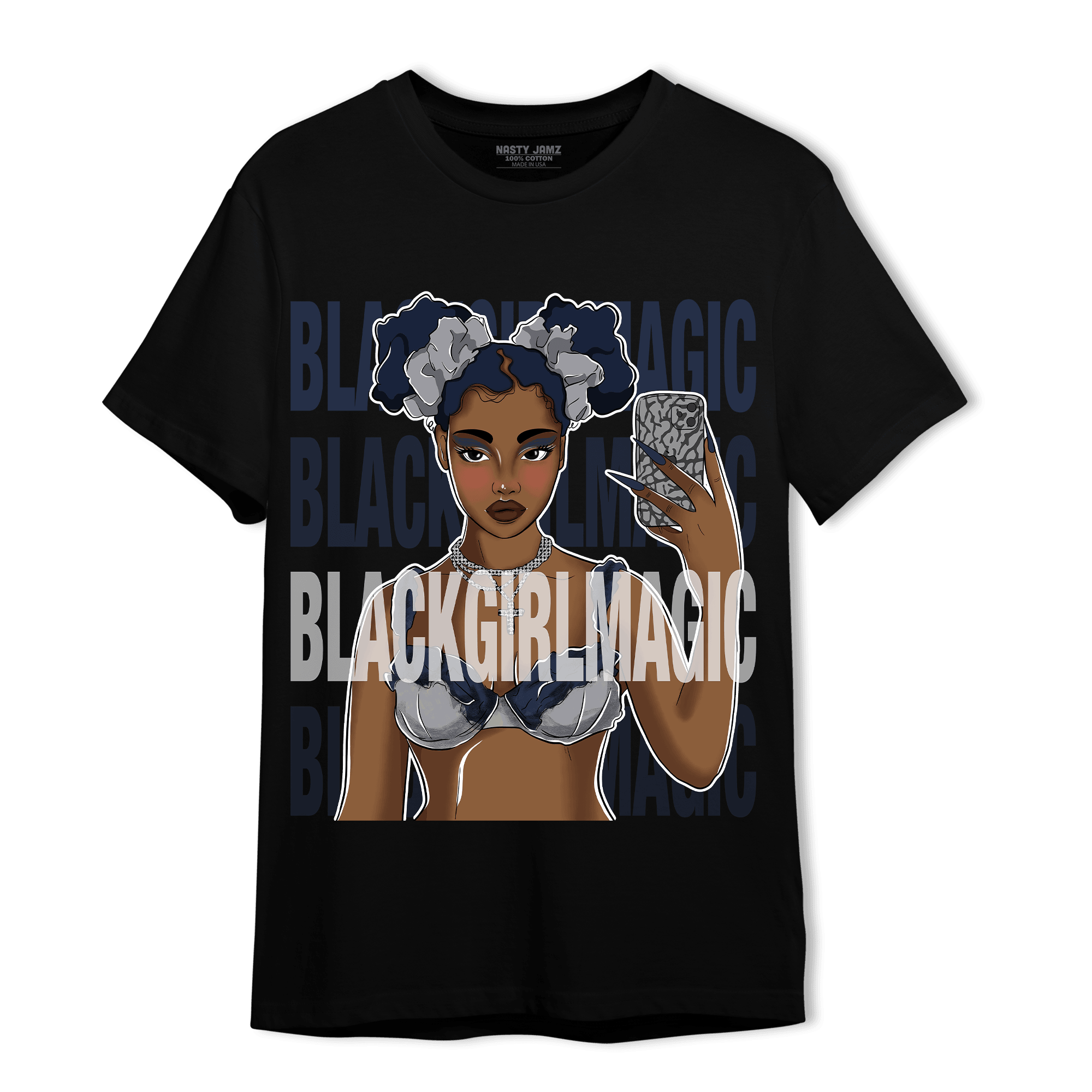 White Navy 3s T Shirt Match Black Magic Girl Selfie - NastyJamz