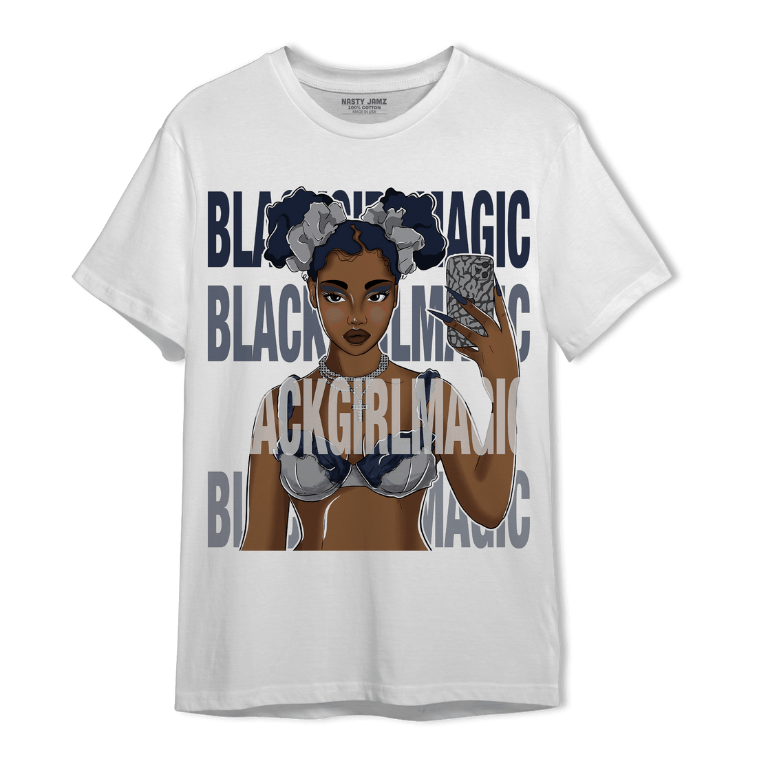 White Navy 3s T Shirt Match Black Magic Girl Selfie - NastyJamz