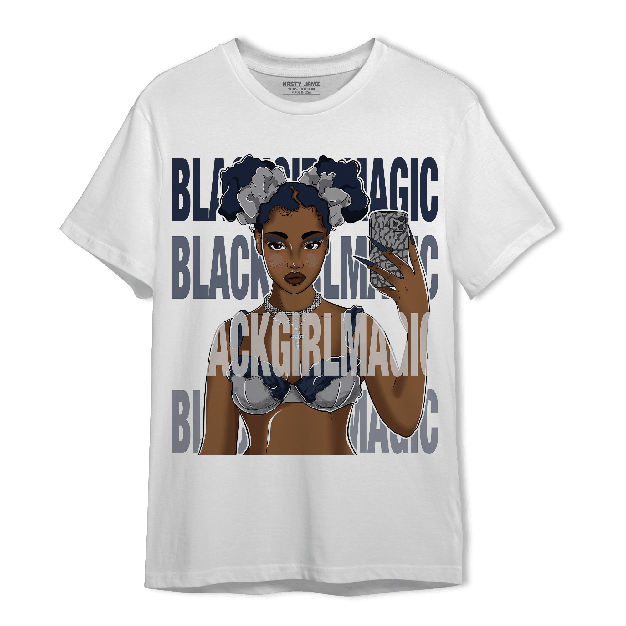 White Navy 3s T Shirt Match Black Magic Girl Selfie - NastyJamz