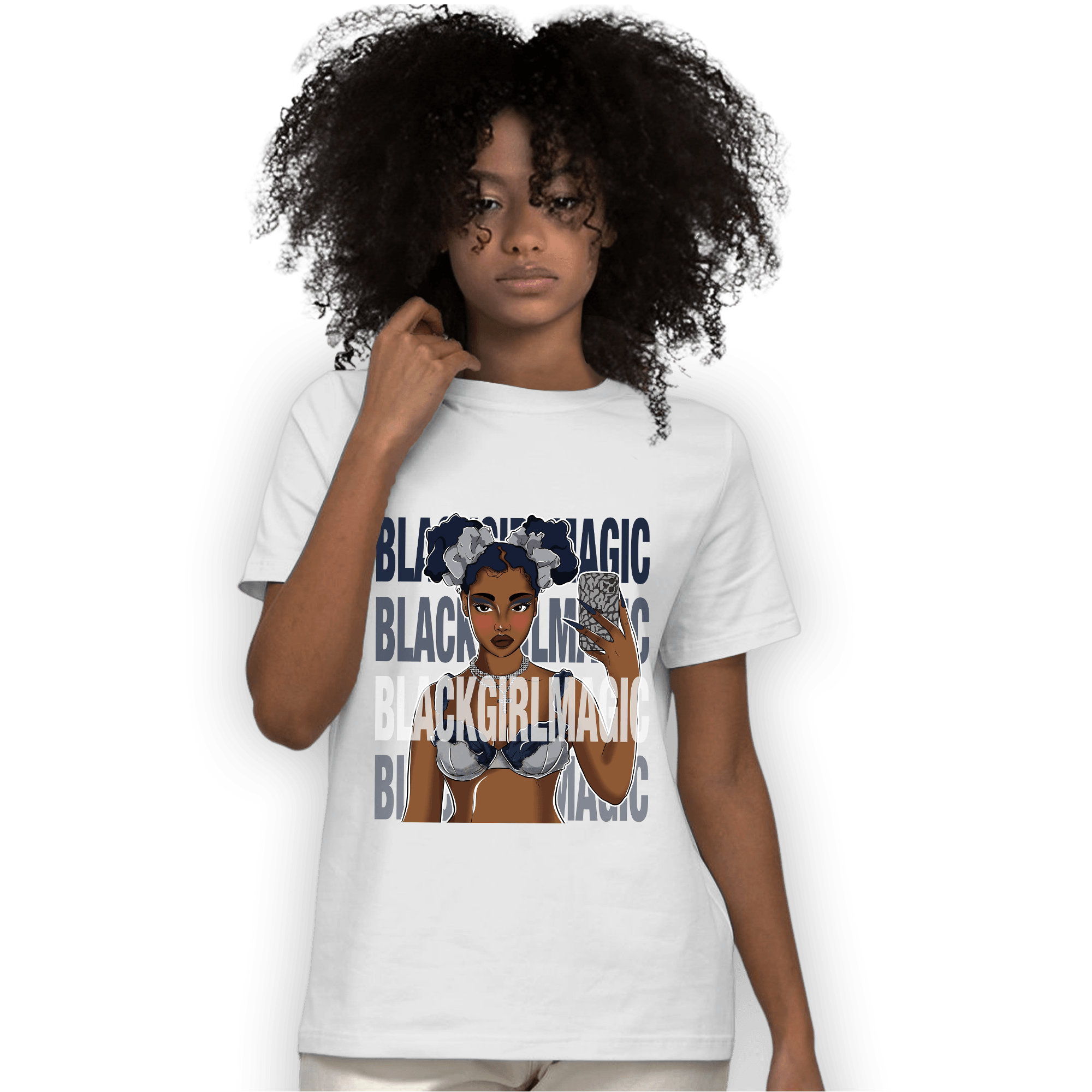 White Navy 3s T Shirt Match Black Magic Girl Selfie - NastyJamz