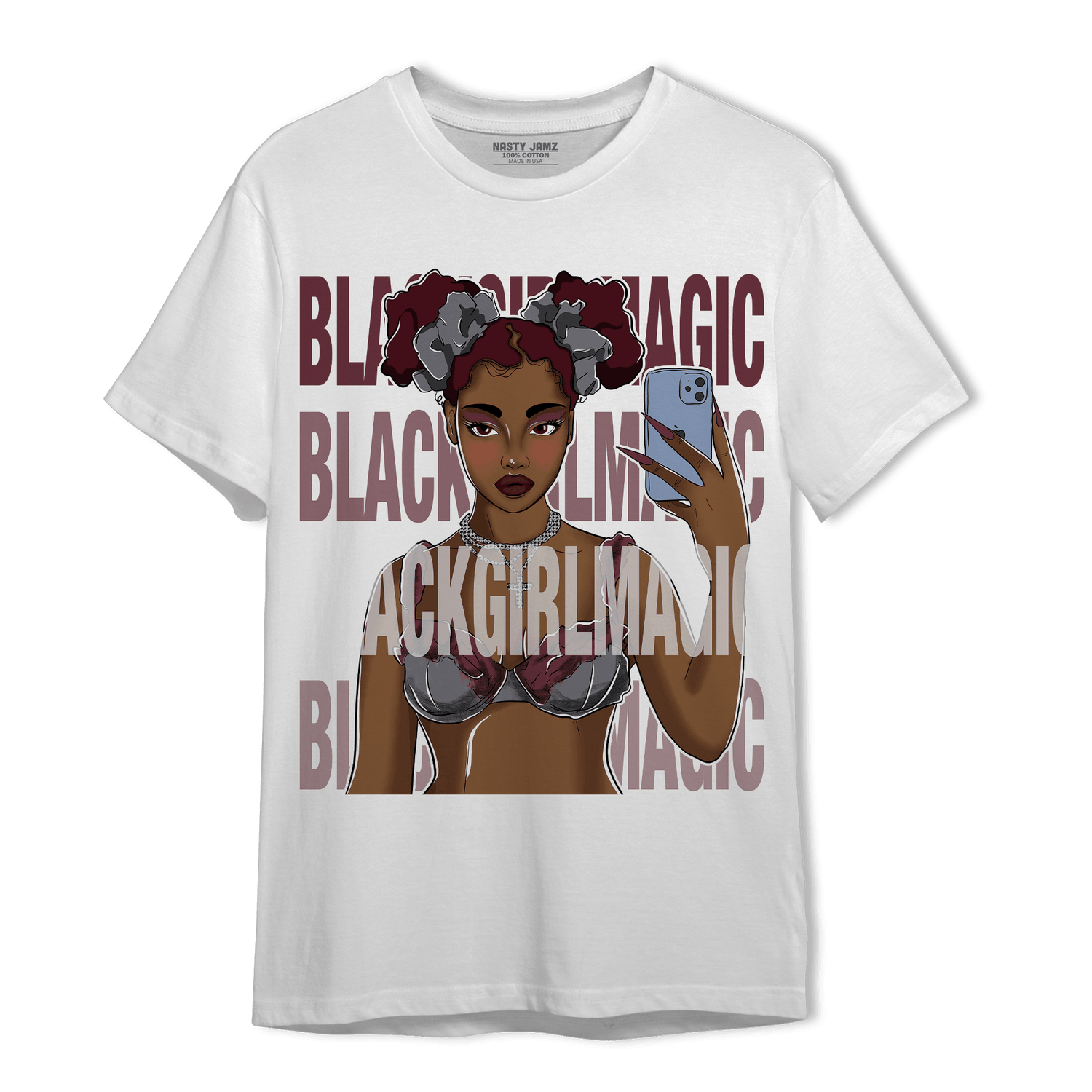 Burgundy 5s T Shirt Match Black Magic Girl Selfie - NastyJamz