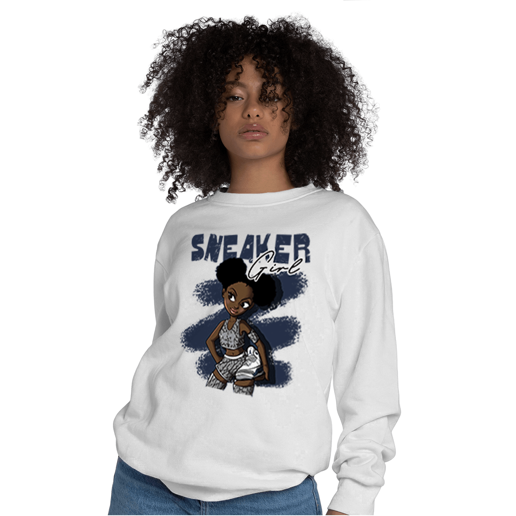 White Navy 3s Sweatshirt Match Black Sneaker Girl - NastyJamz