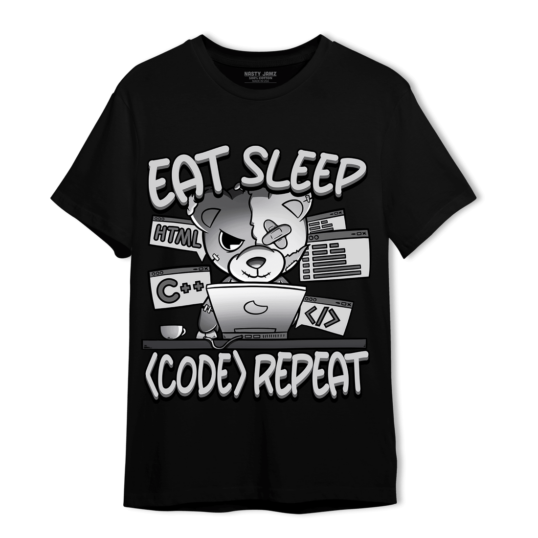 Retro High OG Black White 1s T Shirt Match Eat Sleep Code BER - NastyJamz