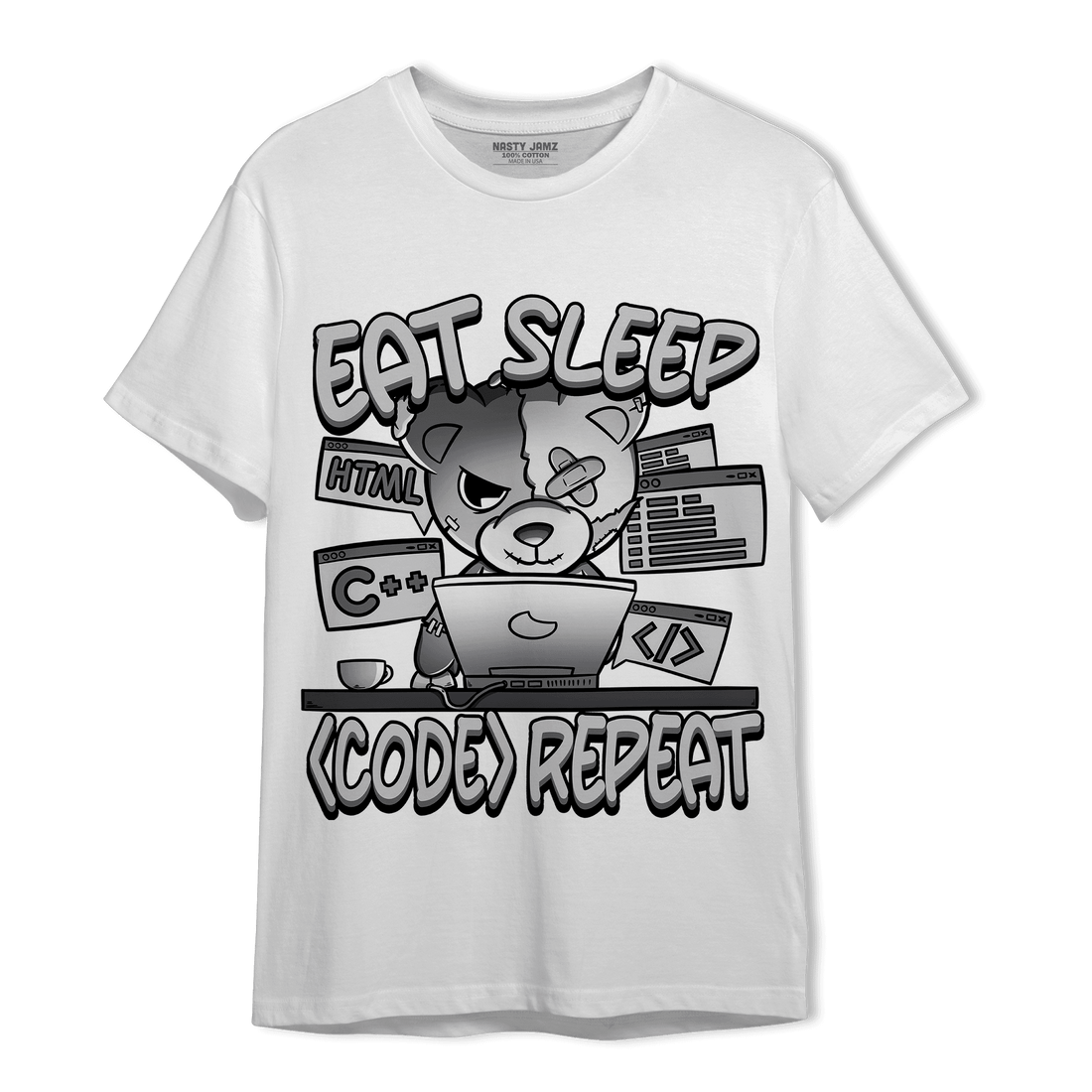 Retro High OG Black White 1s T Shirt Match Eat Sleep Code BER - NastyJamz