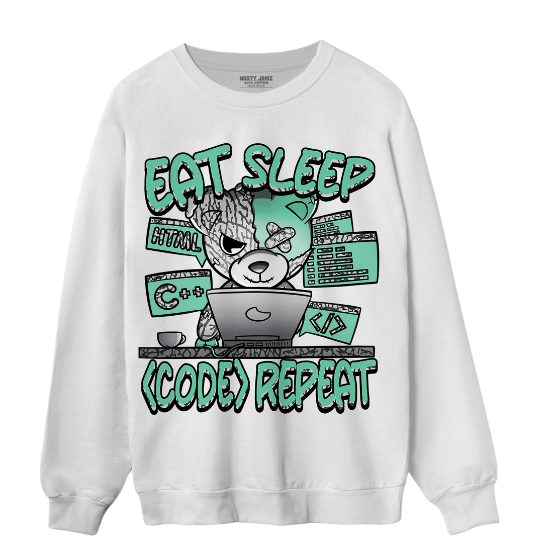 Green Glow 3s Sweatshirt Match Eat Sleep Code BER - NastyJamz