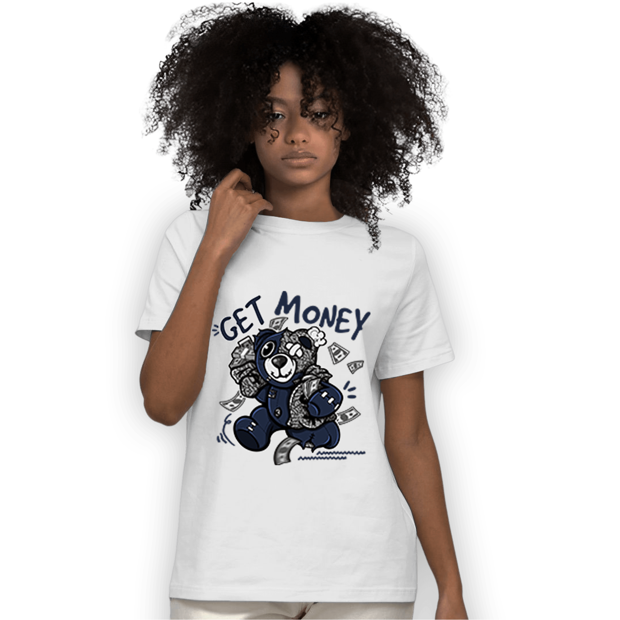 White Navy 3s T Shirt Match Get Money BER - NastyJamz